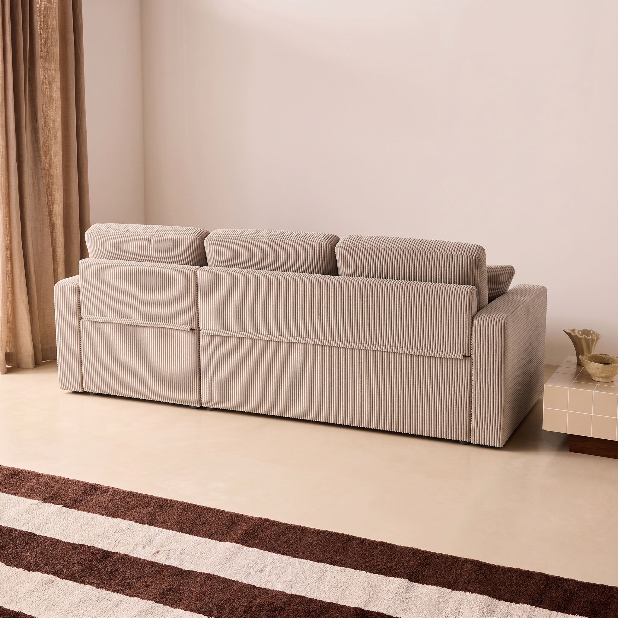 Ecksofa beigegrau mit Schlaffunktion, Ecke beidseitig montierbar, Cord-Bezug breit gerippt, 3-Sitzer – Ida Photo4