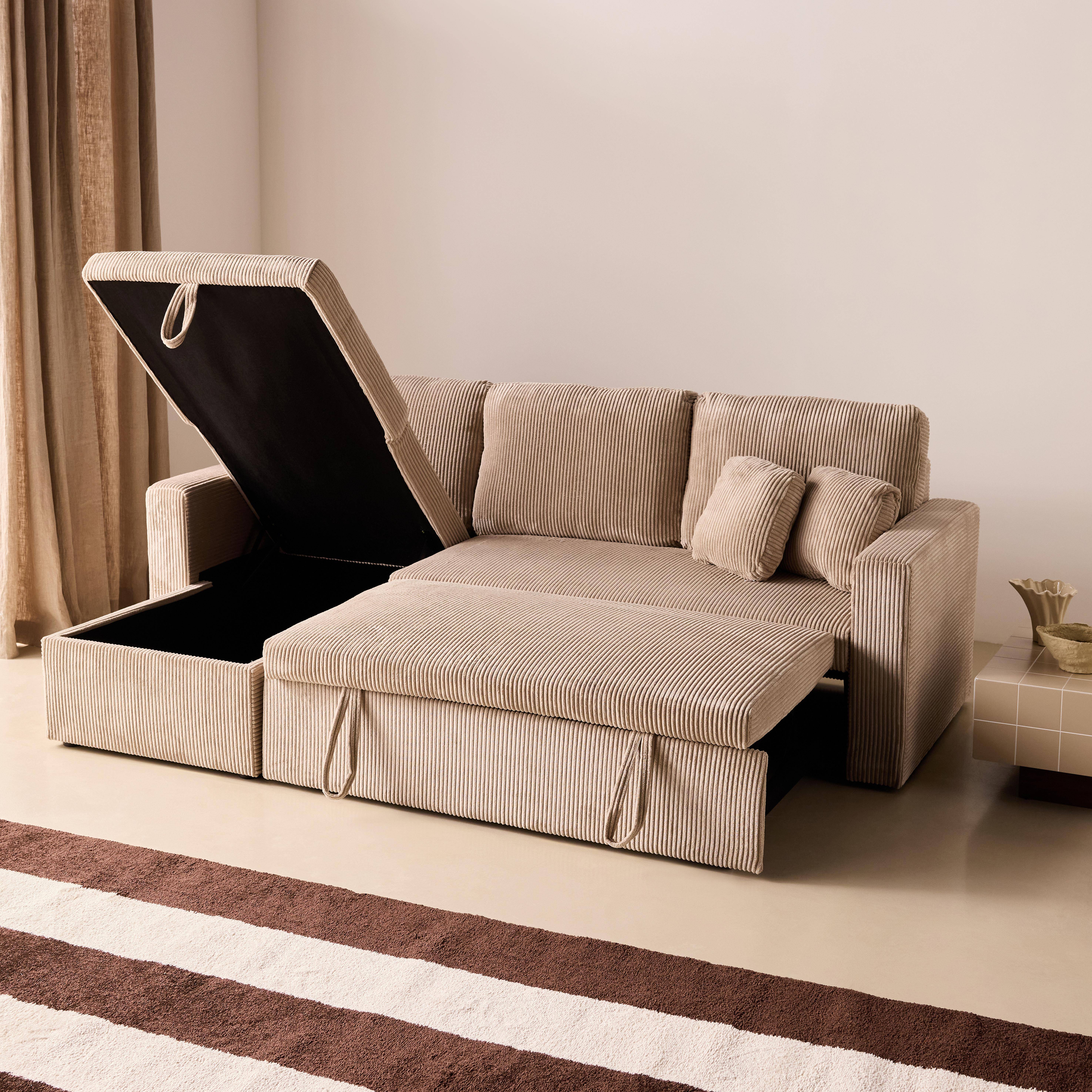 Ecksofa beigegrau mit Schlaffunktion, Ecke beidseitig montierbar, Cord-Bezug breit gerippt, 3-Sitzer – Ida,sweeek,Photo7