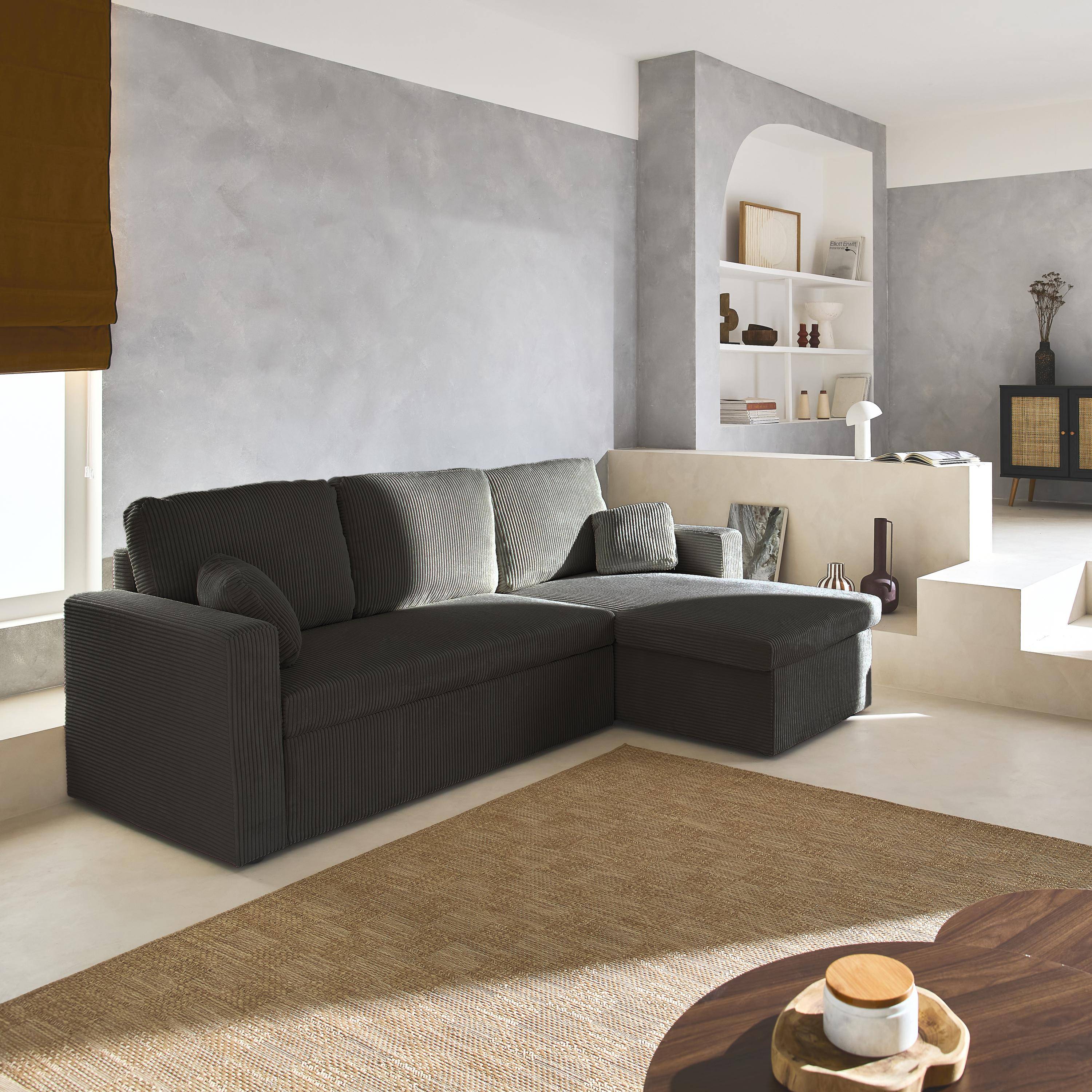 Canapé d'angle convertible et réversible, velours côtelé grosse côte gris foncé, 3 places  Photo1