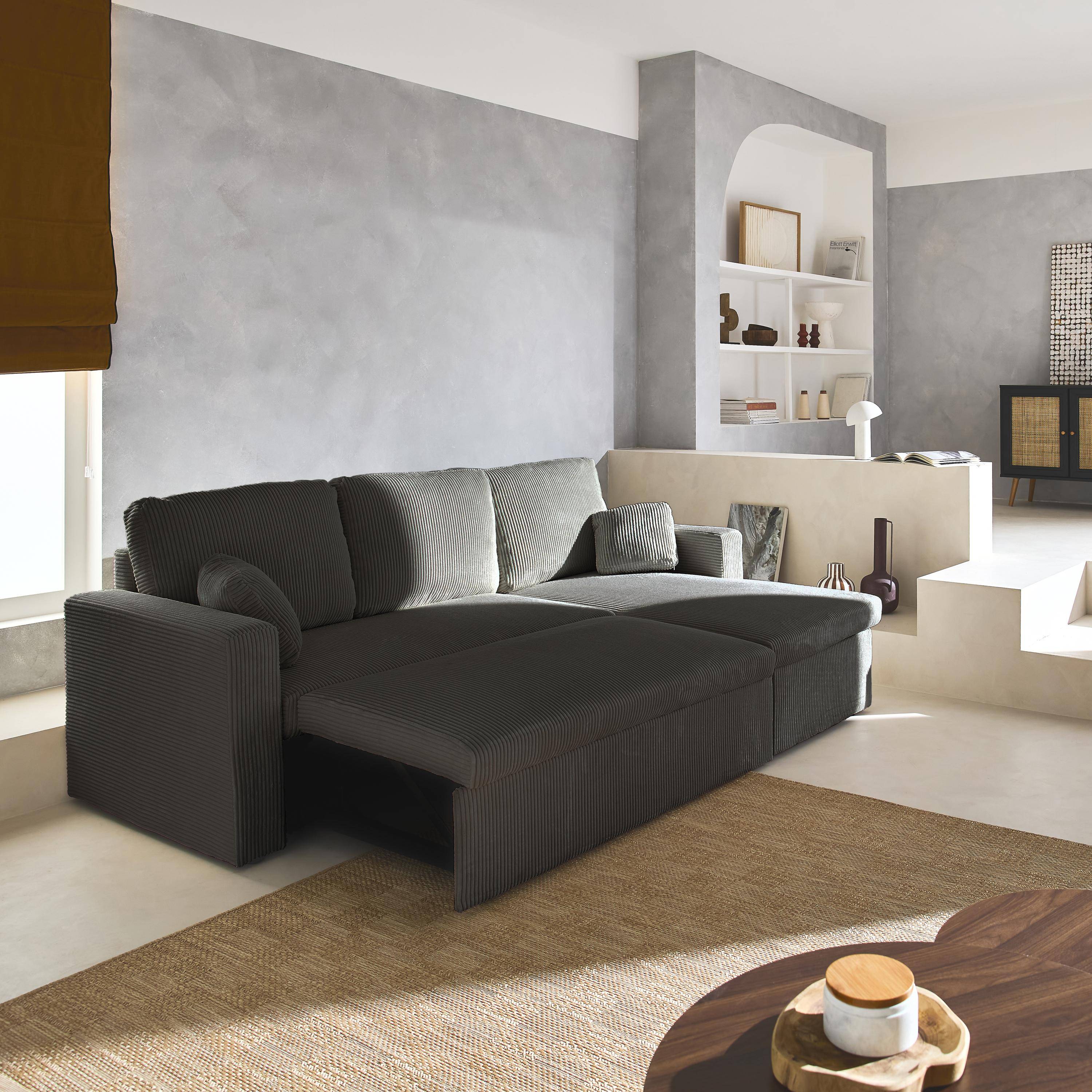 Canapé d'angle convertible et réversible, velours côtelé grosse côte gris foncé, 3 places ,sweeek,Photo2