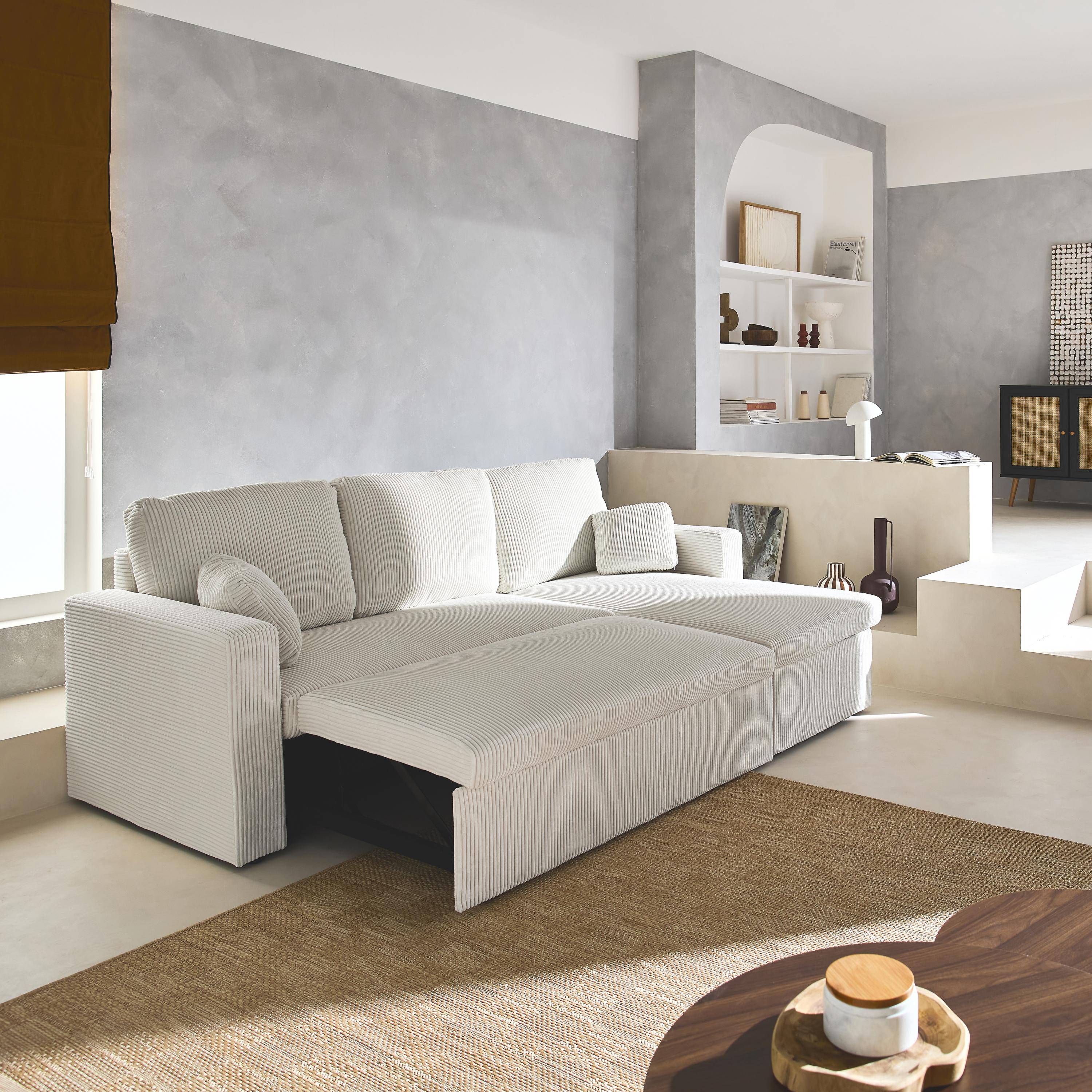 Canapé d'angle convertible et réversible, velours côtelé grosse côte blanc crème, 3 places ,sweeek,Photo2