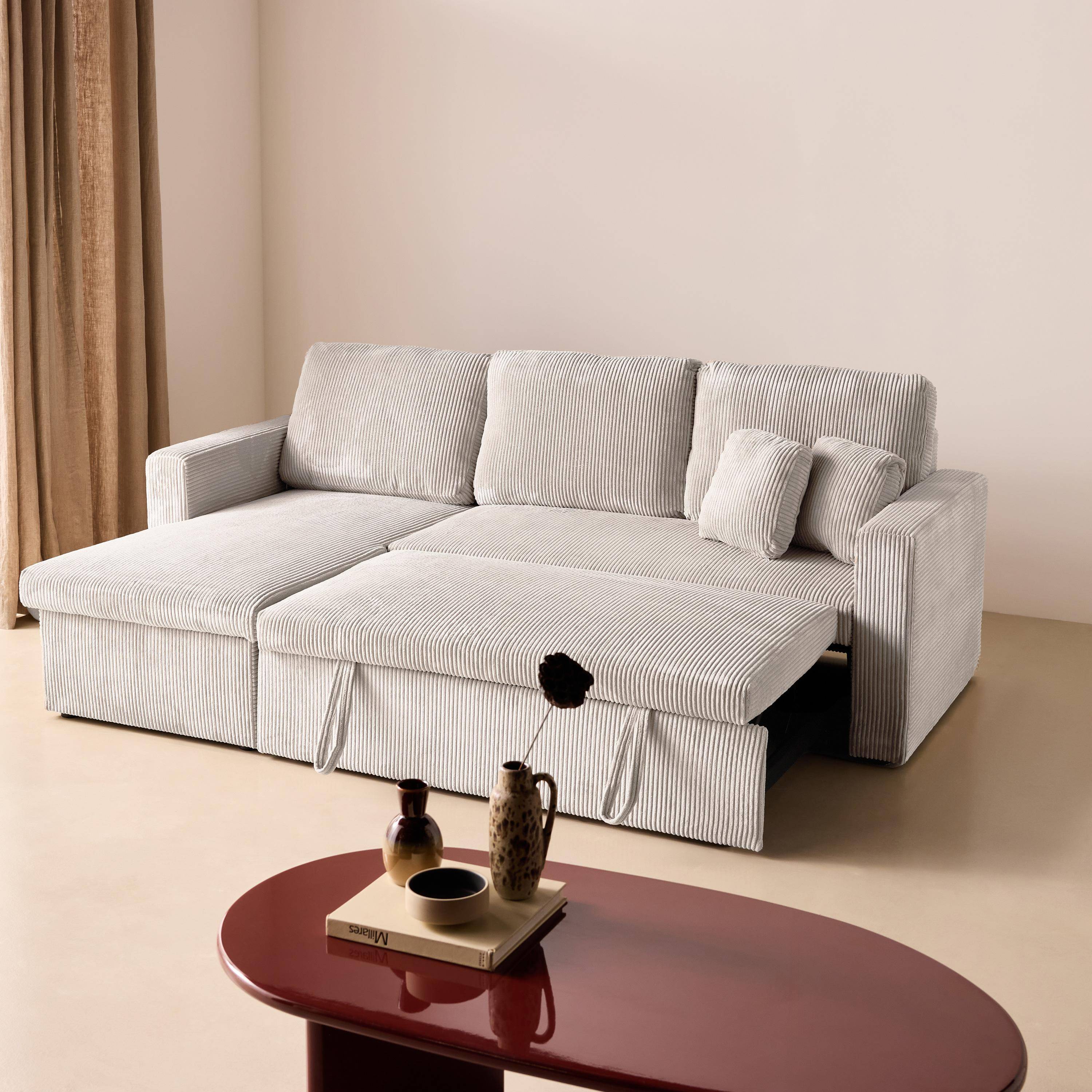Ecksofa mit Schlaffunktion, Cord-Bezug, breit gerippt, 3-Sitzer, cremefarben, 3 Sitze,sweeek,Photo5
