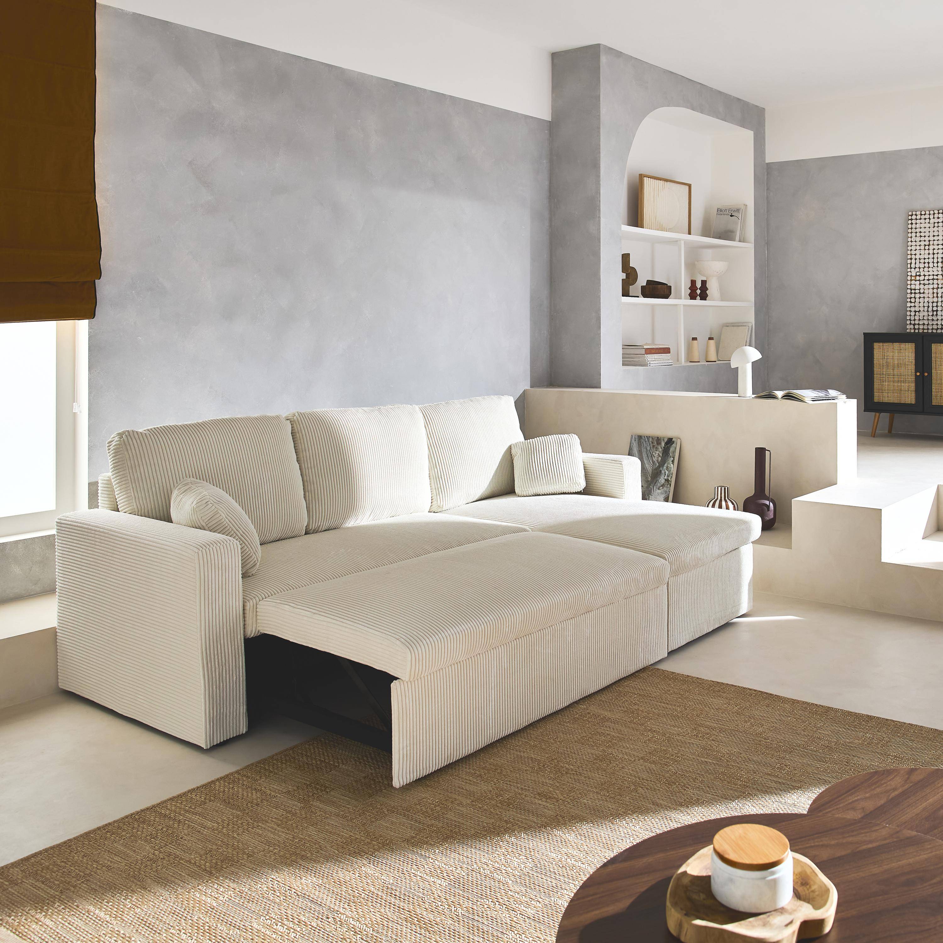 Divano letto angolare e reversibile 3 posti, Ida velluto a coste , Crema, 219x81x68 cm Photo2