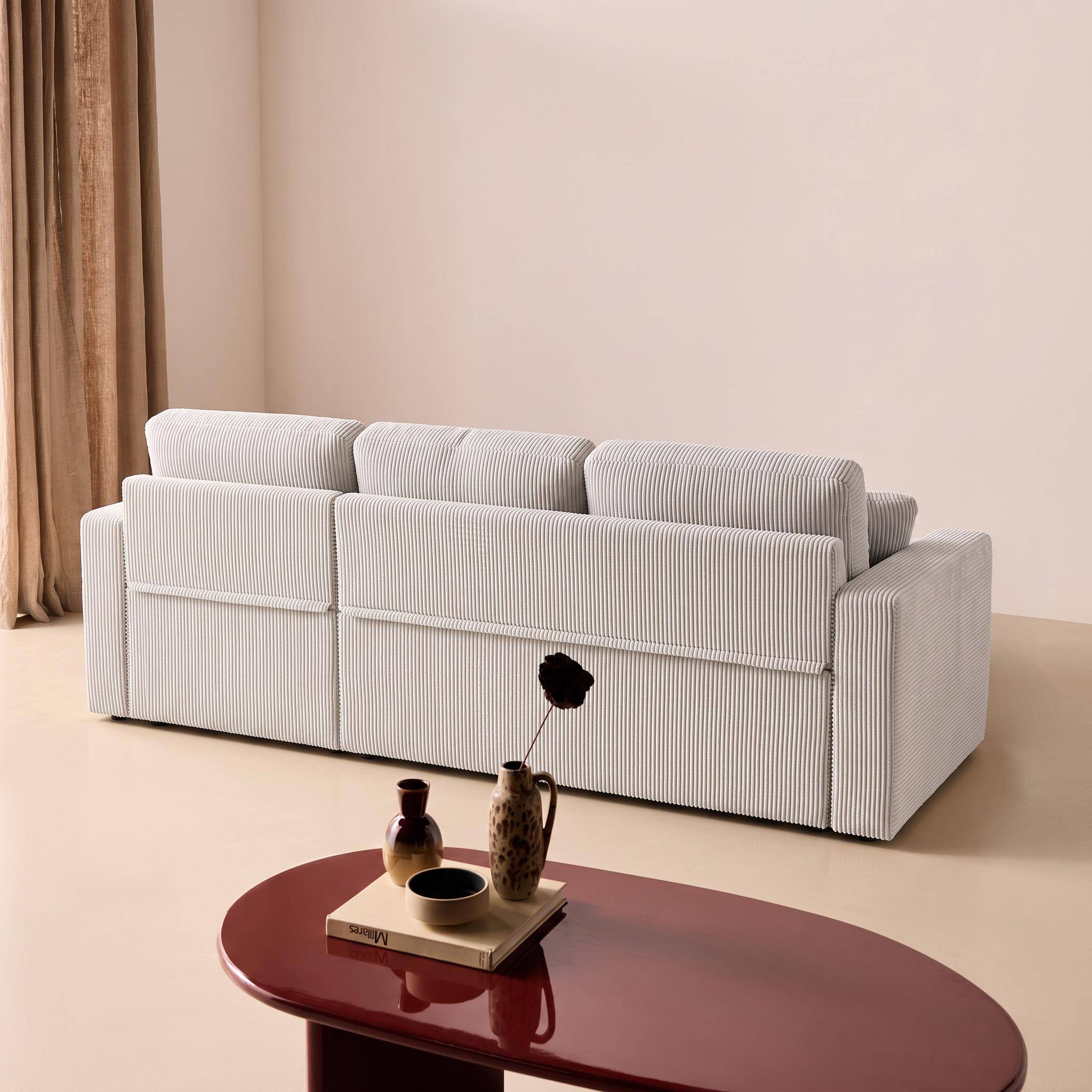 Ecksofa mit Schlaffunktion, Cord-Bezug, breit gerippt, 3-Sitzer, cremefarben, 3 Sitze Photo7