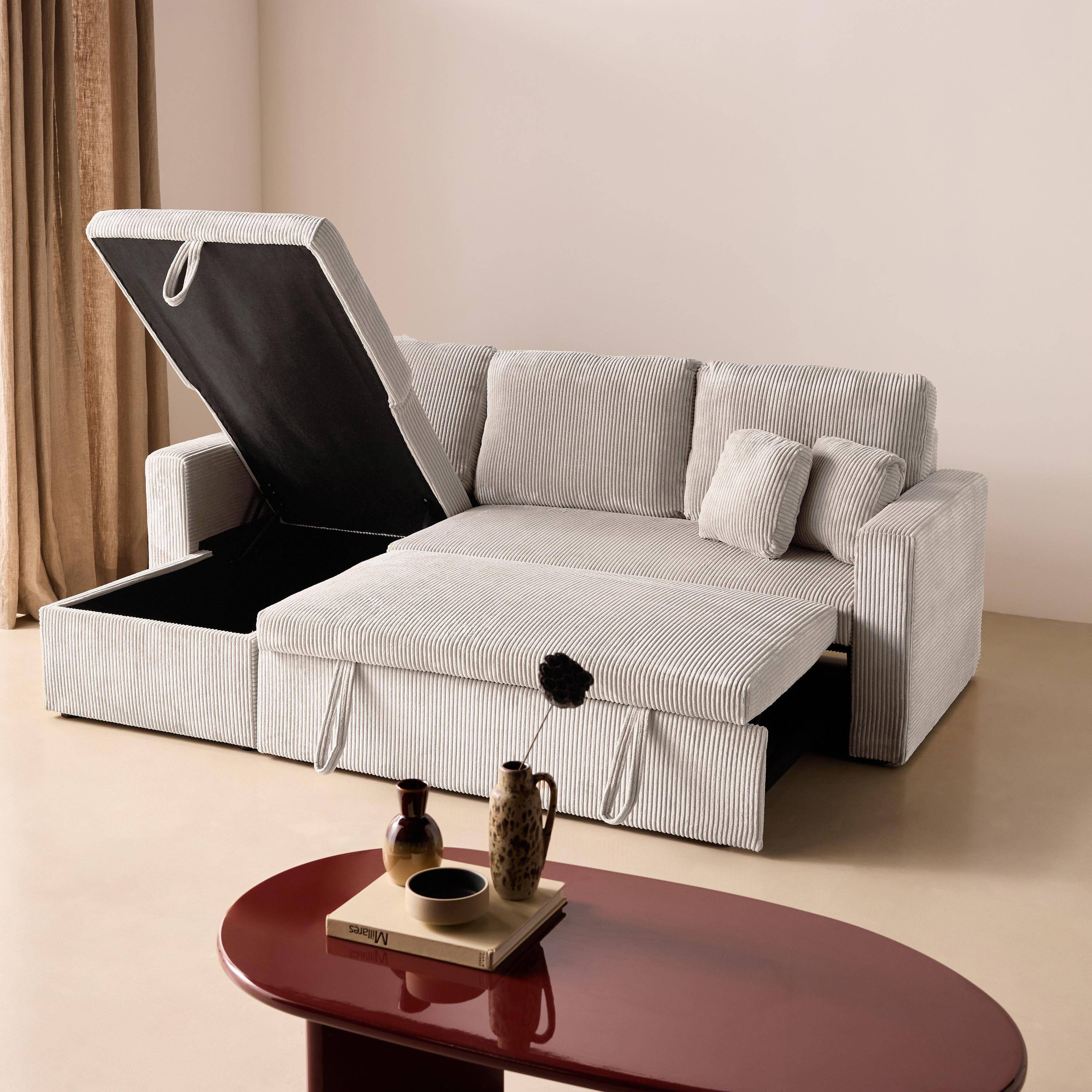 Ecksofa mit Schlaffunktion, Cord-Bezug, breit gerippt, 3-Sitzer, cremefarben, 3 Sitze,sweeek,Photo6