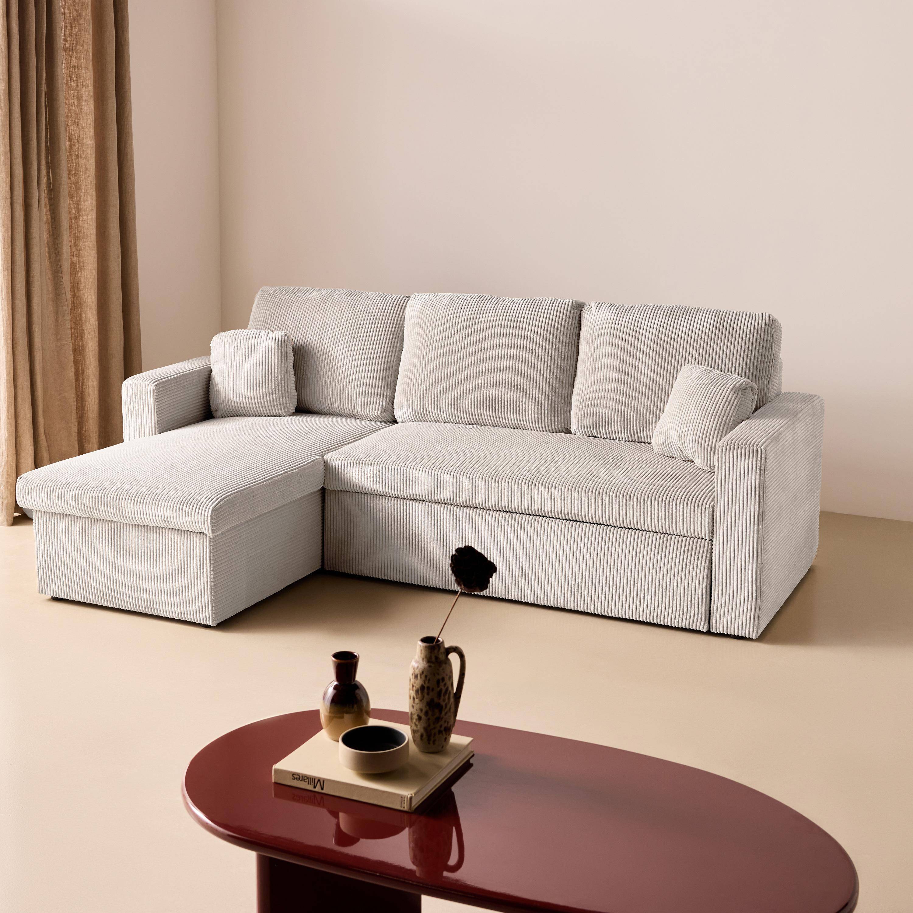 Ecksofa mit Schlaffunktion, Cord-Bezug, breit gerippt, 3-Sitzer, cremefarben, 3 Sitze Photo2