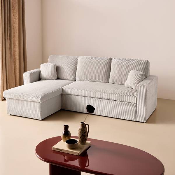 Ecksofa mit Schlaffunktion, Cord-Bezug, breit gerippt, cremefarben I sweeek