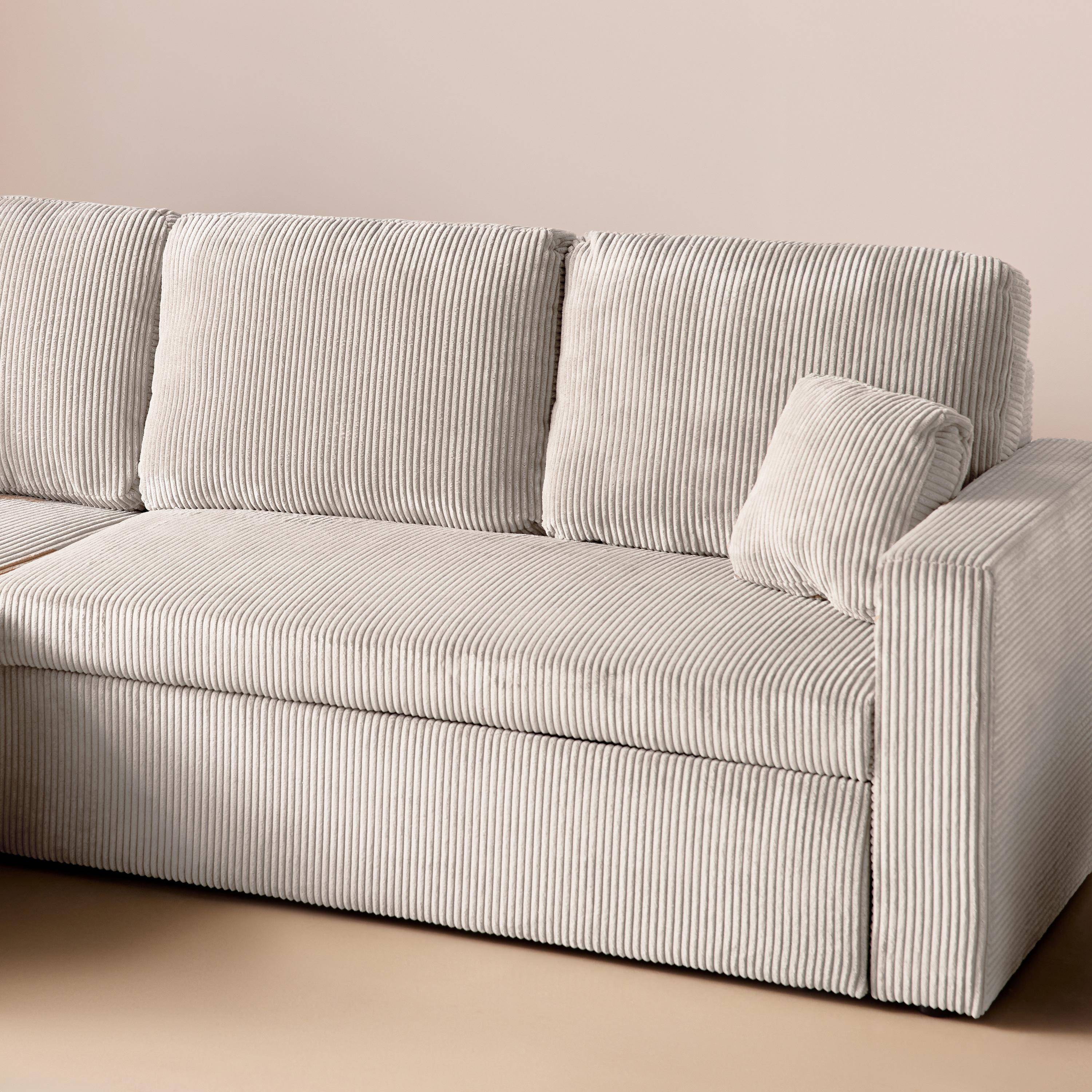 Ecksofa mit Schlaffunktion, Cord-Bezug, breit gerippt, 3-Sitzer, cremefarben, 3 Sitze,sweeek,Photo3