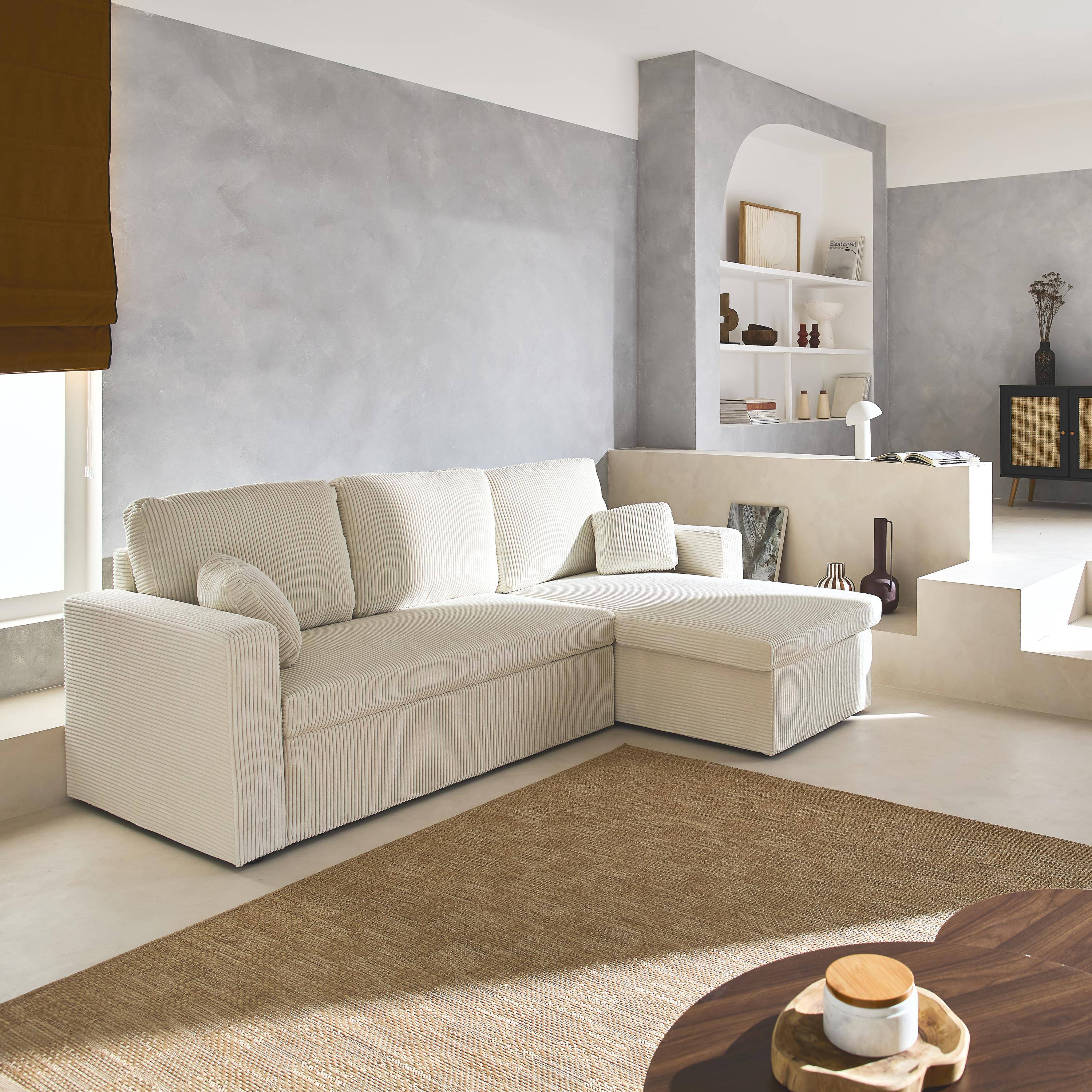 Divano letto angolare e reversibile 3 posti, Ida velluto a coste , Crema, 219x81x68 cm Photo1