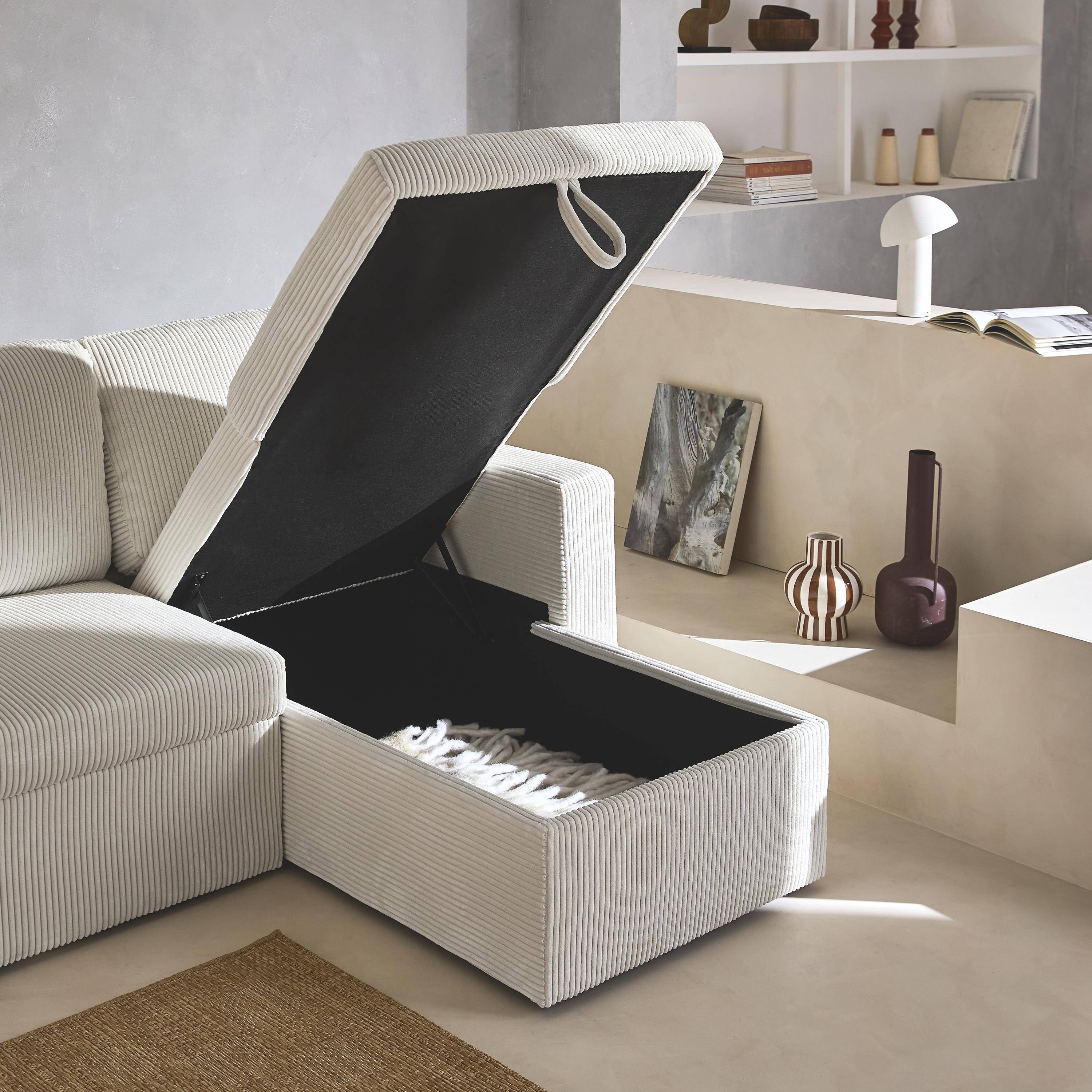 Canapé d'angle convertible et réversible, velours côtelé grosse côte blanc crème, 3 places  Photo3