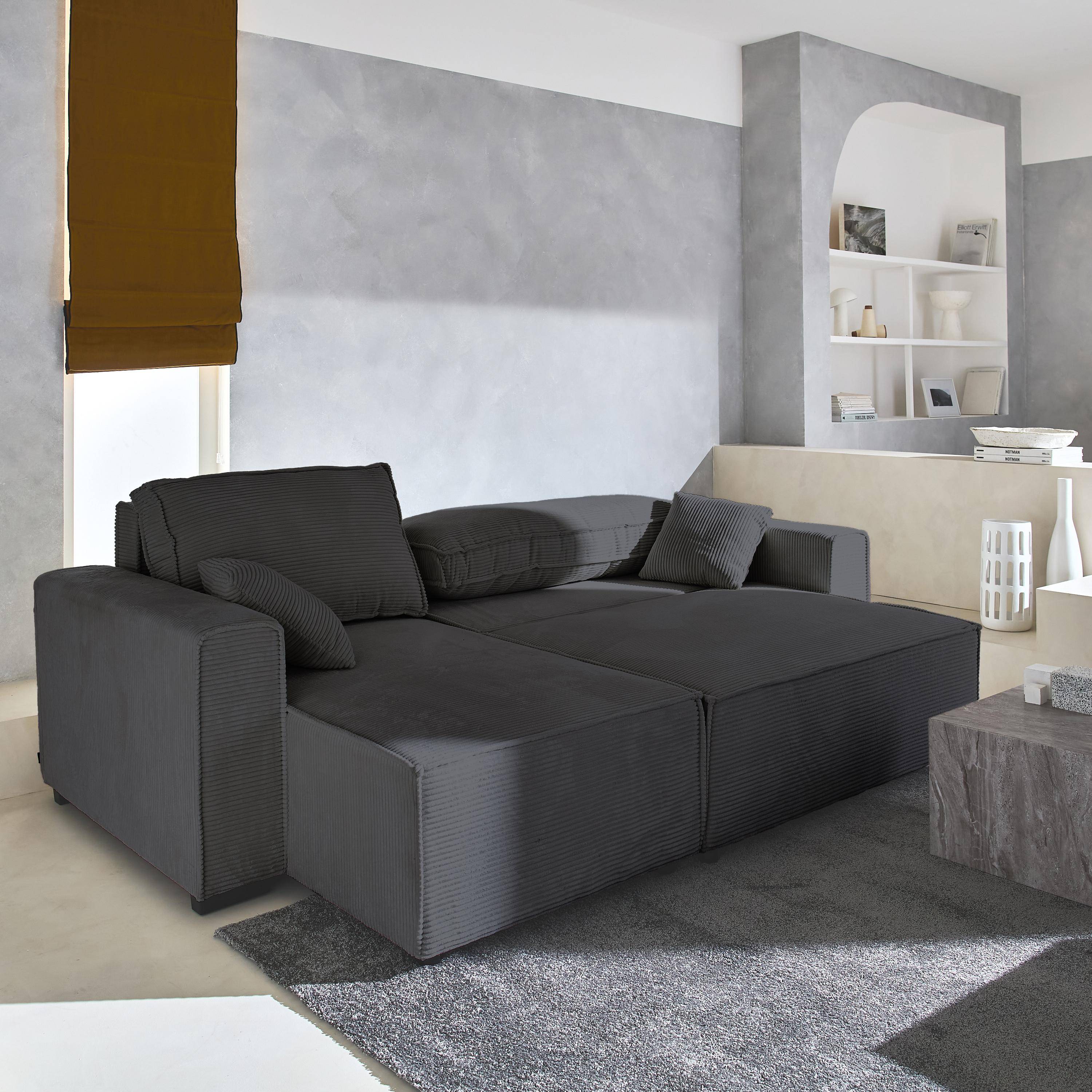 Divano letto angolare e reversibile a 3 posti  in velluto a coste grosse, Feel, Grigio scuro, 244x104x90 cm,sweeek,Photo2