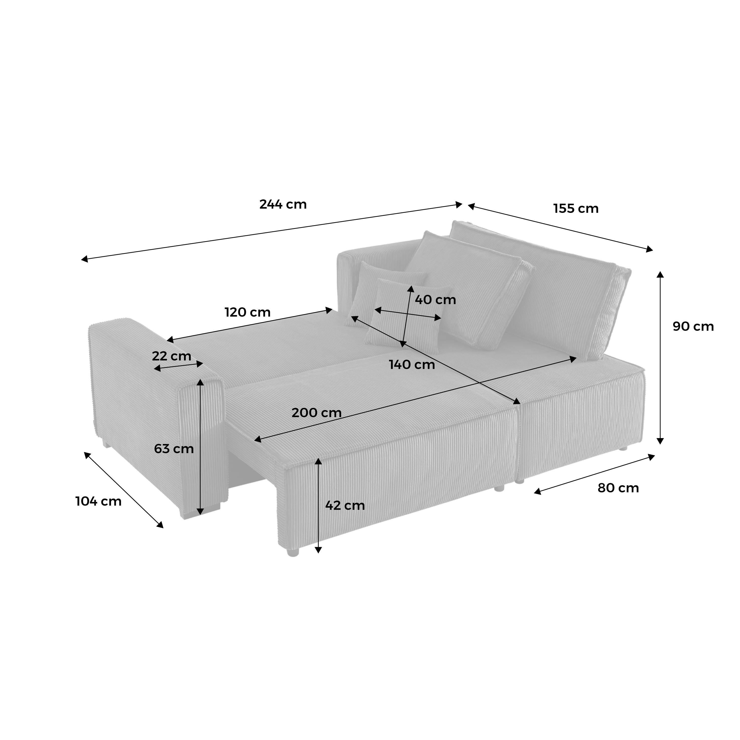 3-Sitzer Ecksofa mit dunkelgrauem Cordbezug, Schlaffunktion und beidseitig montierbarer Recamiere - Feel Photo8