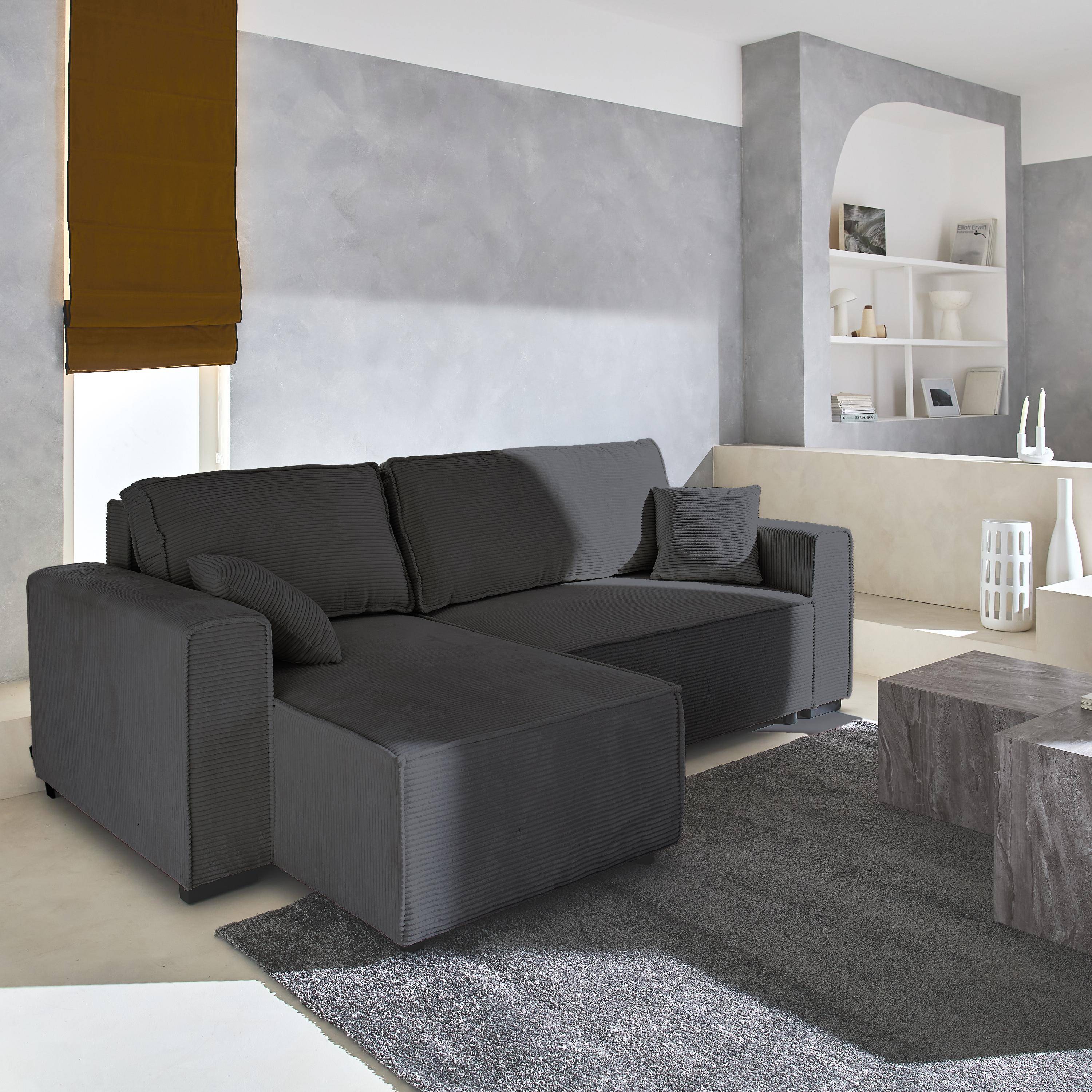 Divano letto angolare e reversibile a 3 posti  in velluto a coste grosse, Feel, Grigio scuro, 244x104x90 cm Photo1