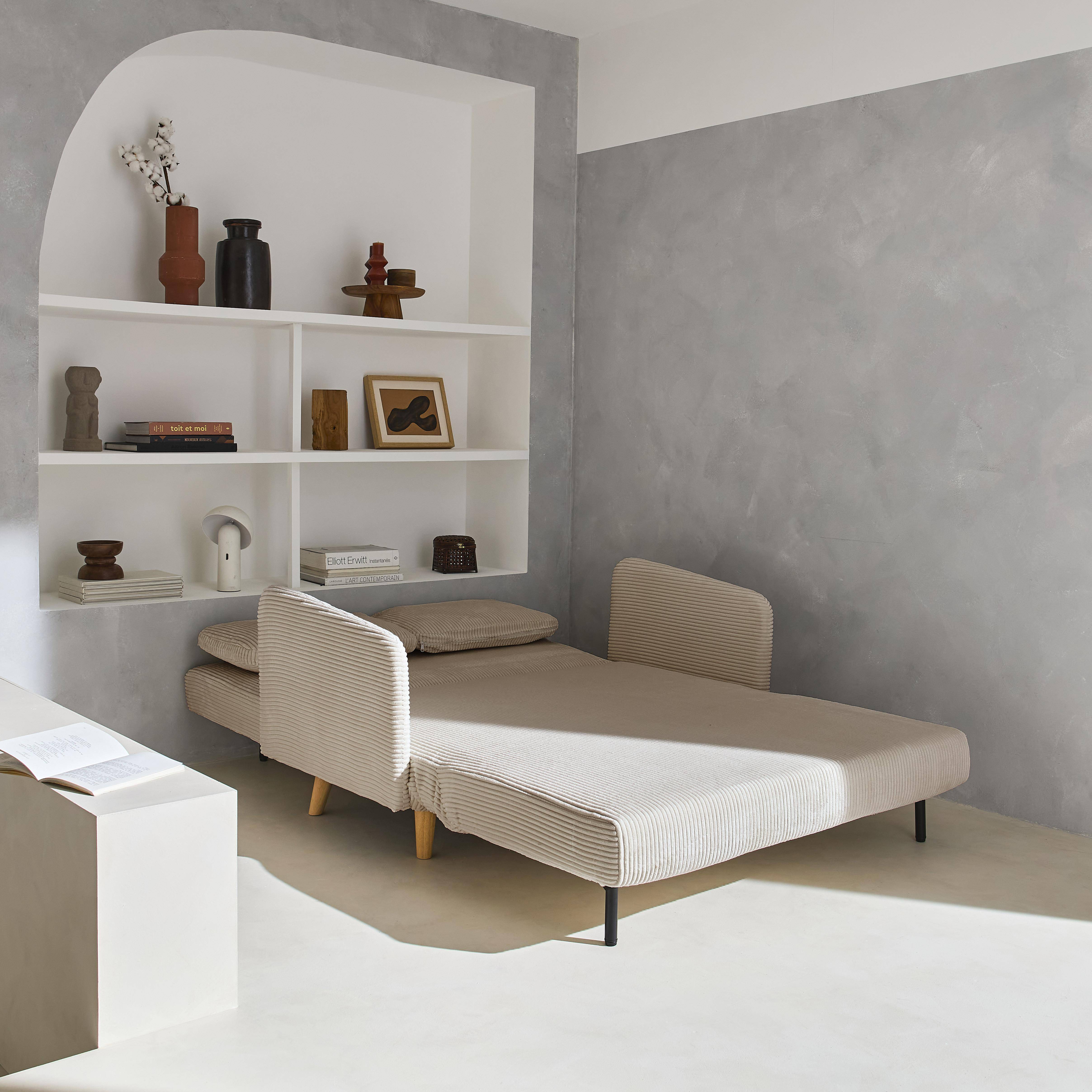 Skandinavisches 2-Sitzer-Sofa mit graubeigem Cordbezug, Holzfüßen und verstellbarer Rückenlehne - Panam,sweeek,Photo2