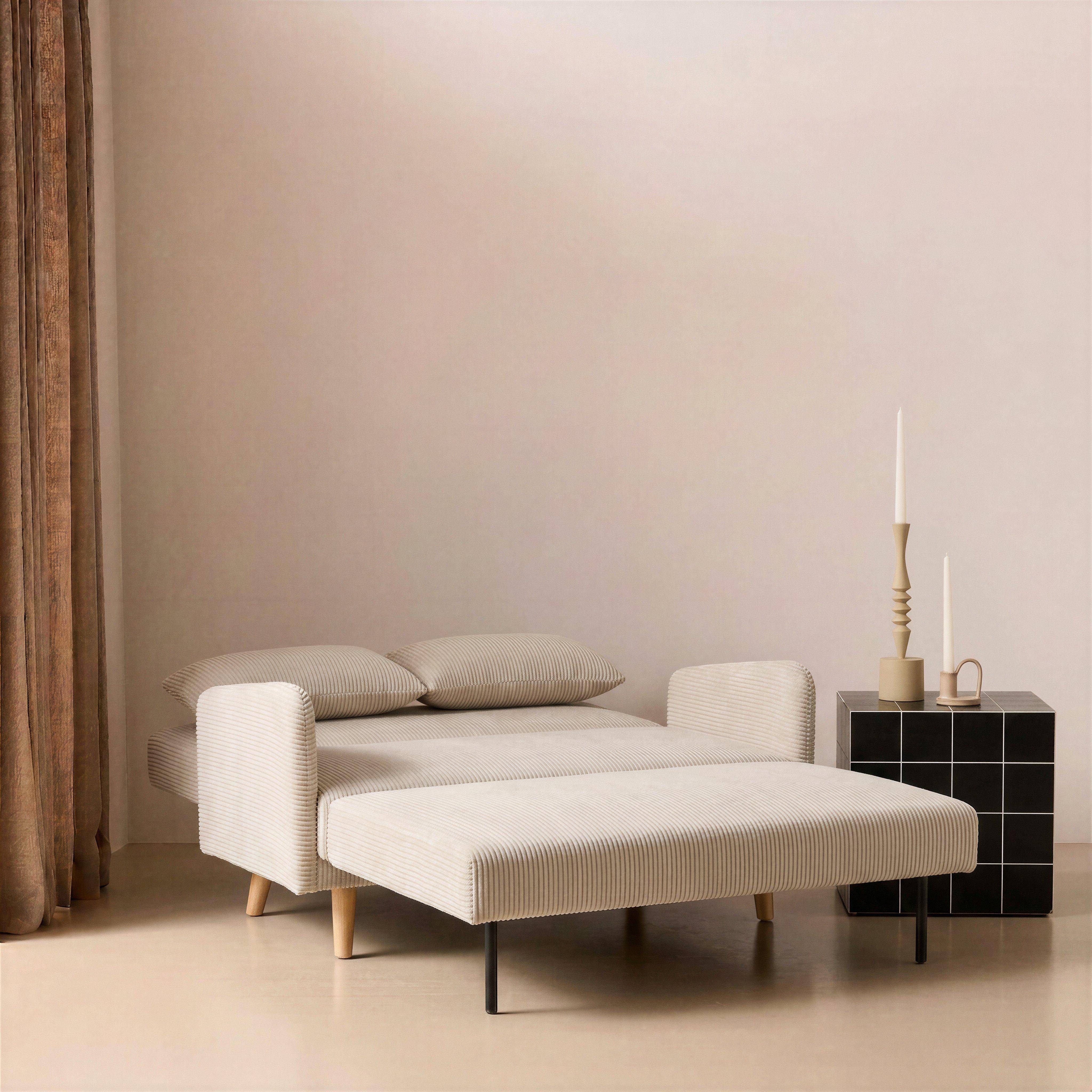 Canapé convertible en velours côtelé - Panam - 2 places scandinave, pieds bois, beige/greige, banquette, dossier inclinable Photo2