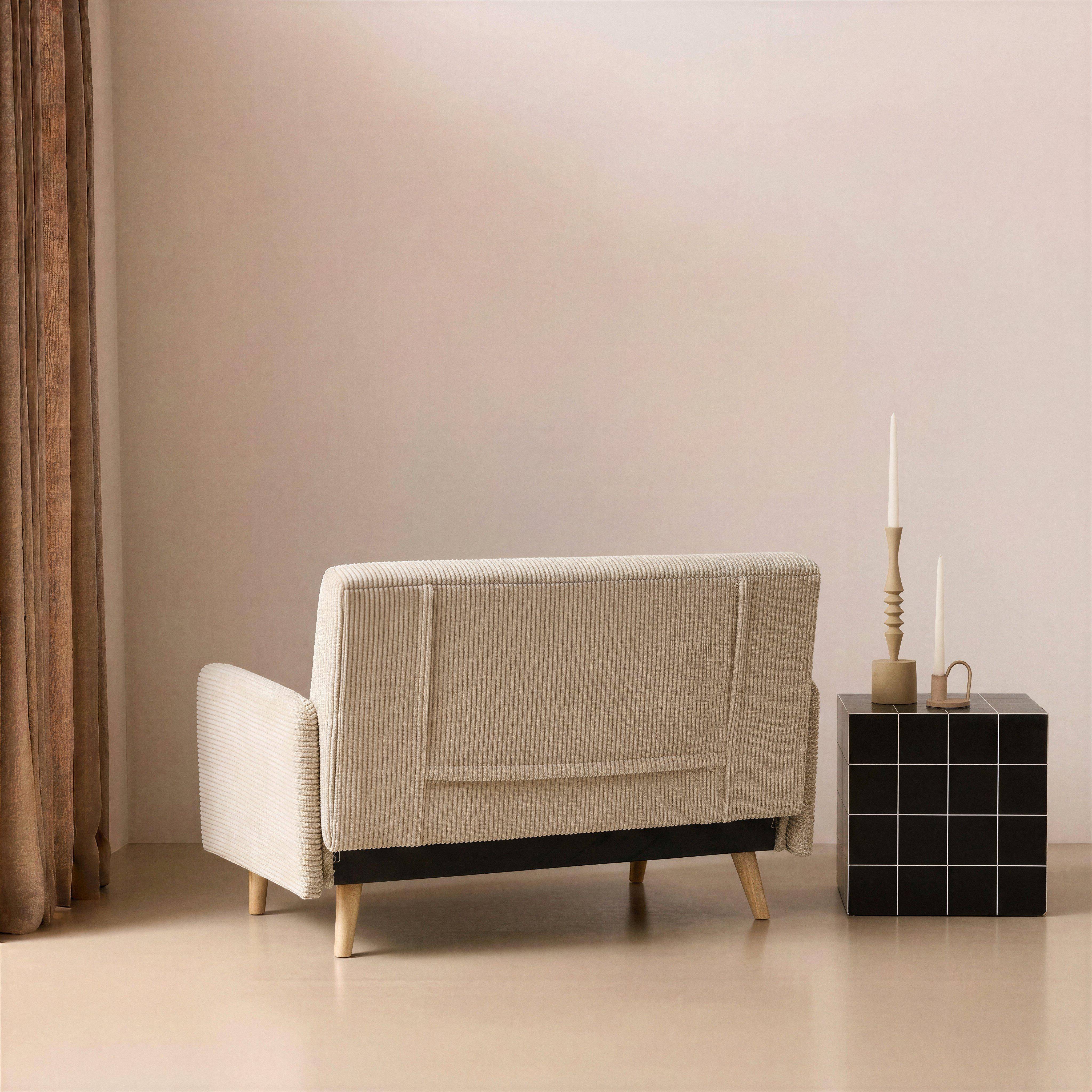 Canapé convertible en velours côtelé - Panam - 2 places scandinave, pieds bois, beige/greige, banquette, dossier inclinable Photo3