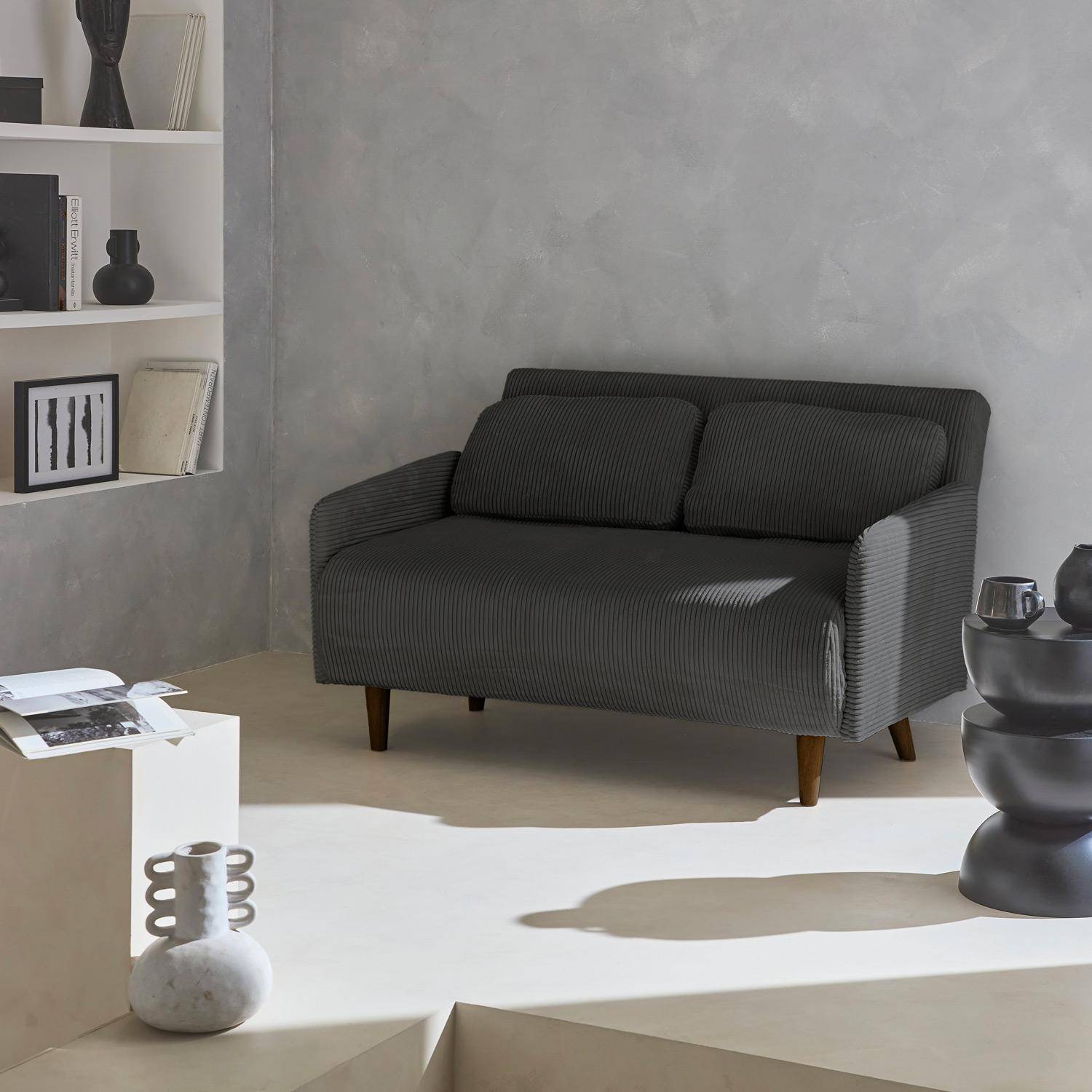Canapé convertible en velours côtelé - Panam - 2 places scandinave, pieds bois foncé, gris foncé, banquette, dossier inclinable Photo1