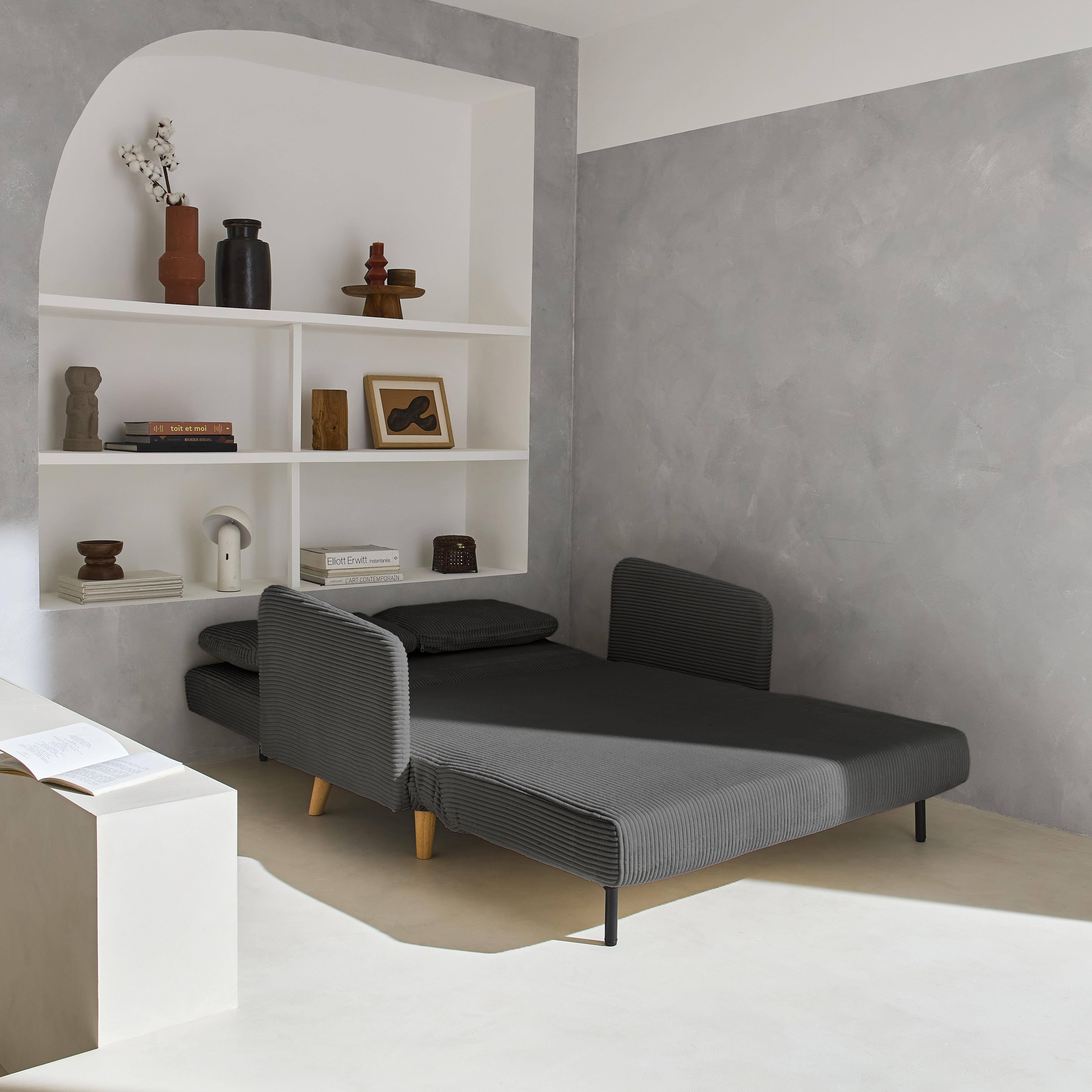 Skandinavisches 2-Sitzer-Sofa mit dunkelgrauem Cordbezug, Holzfüßen und verstellbarer Rückenlehne - Panam Photo2