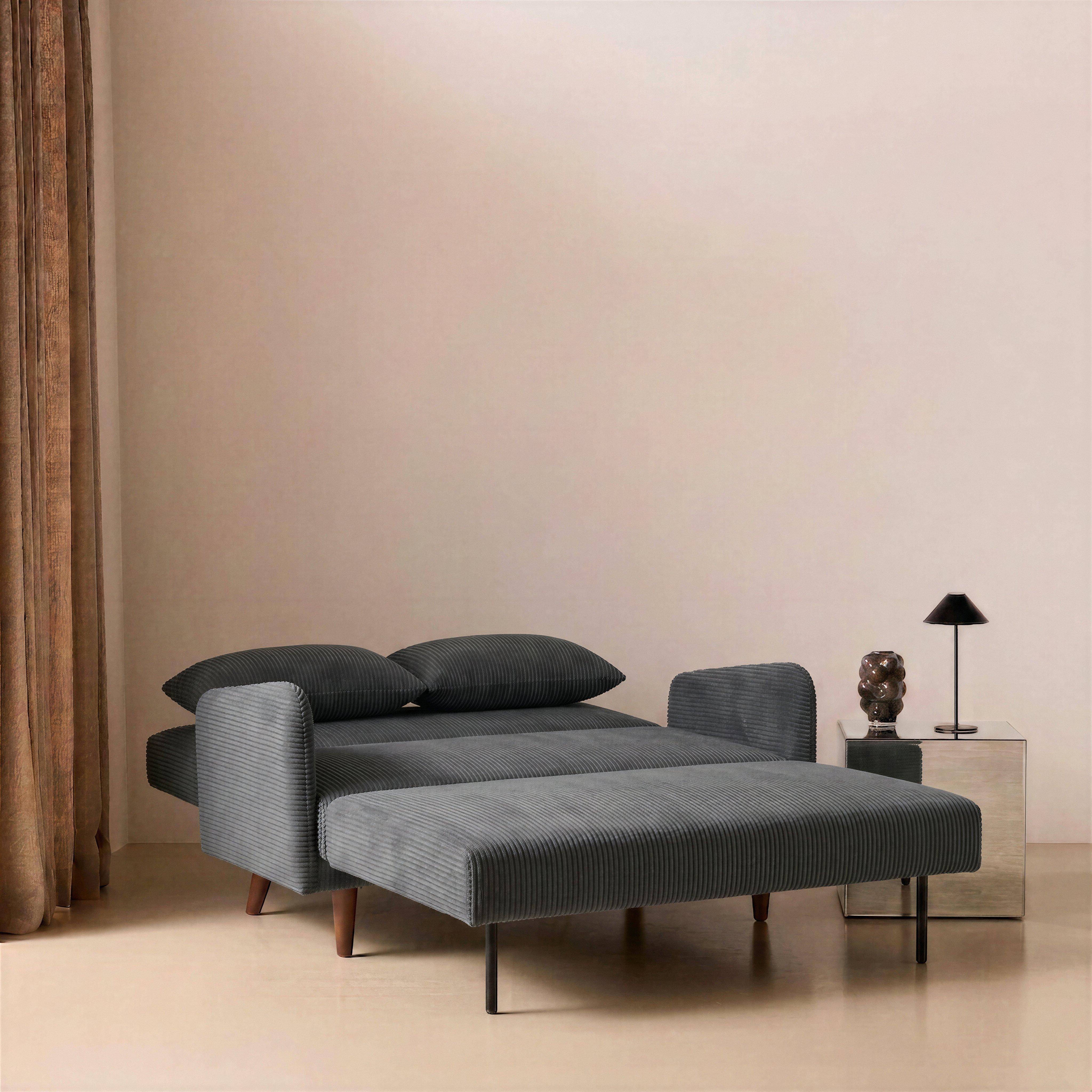 Divano letto in velluto a coste con gambe in legno, 2 posti Grigio scuro - 131x75x81 cm,sweeek,Photo2