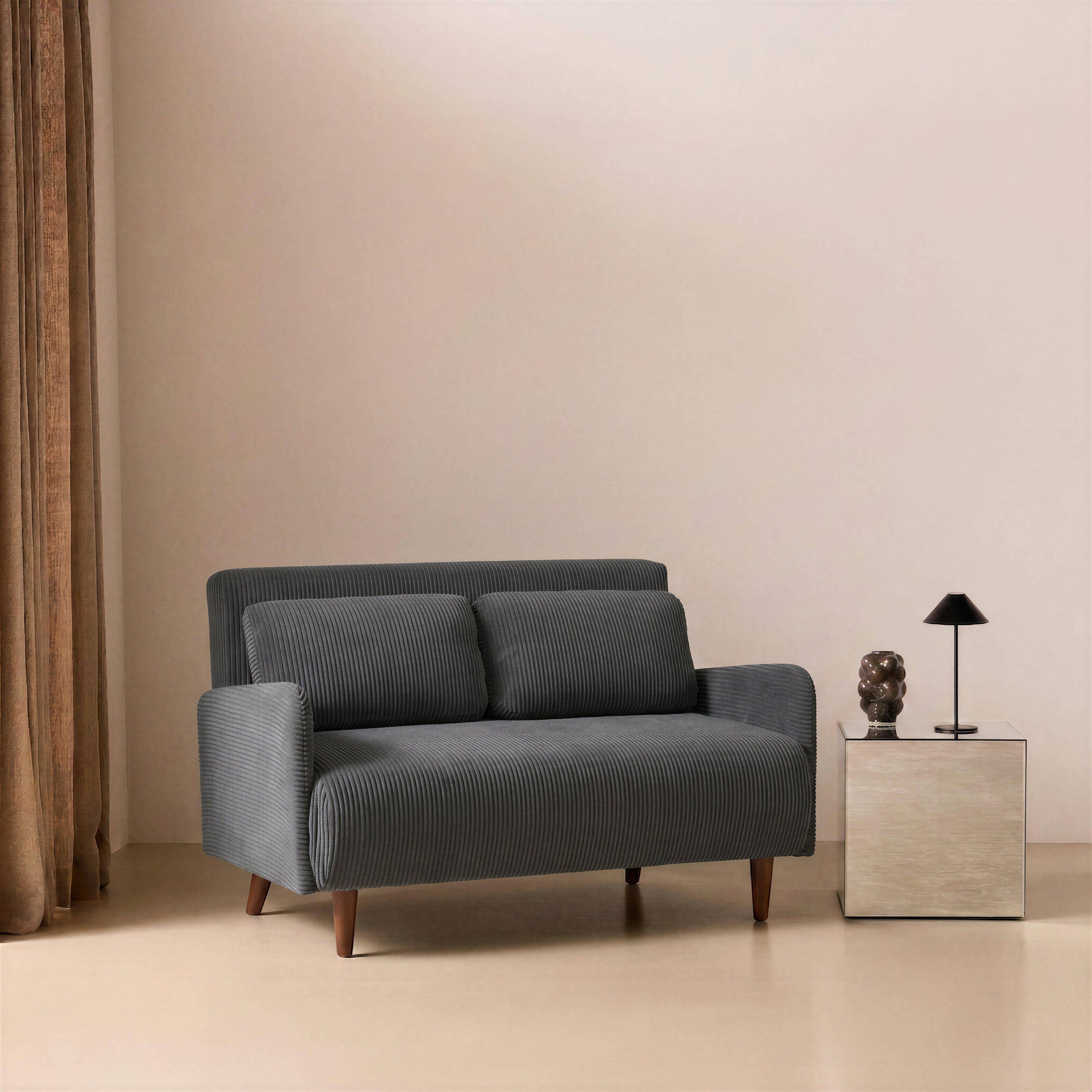 Divano letto in velluto a coste con gambe in legno, 2 posti Grigio scuro - 131x75x81 cm Photo1