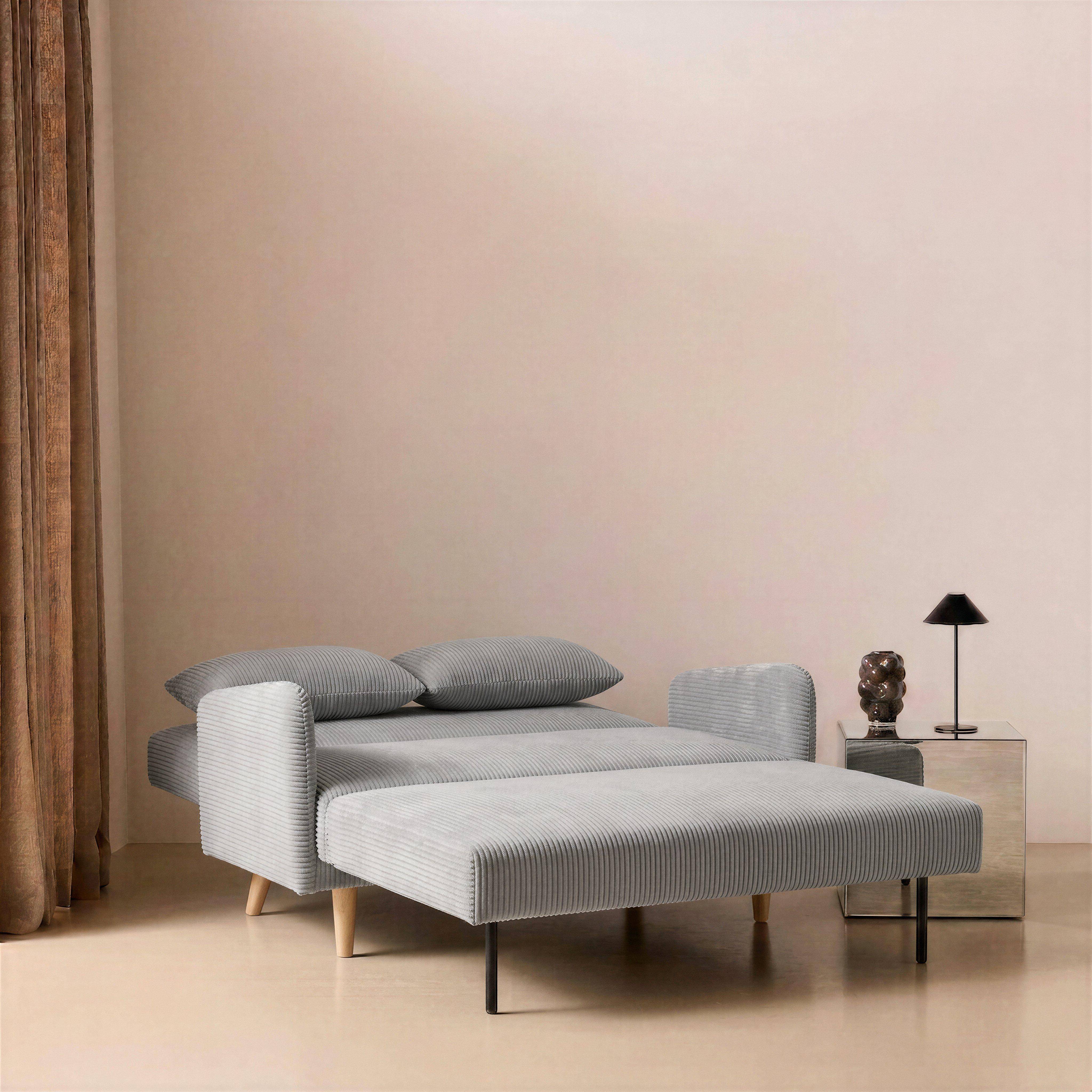 Divano letto in velluto a coste con gambe in legno, 2 posti Grigio chiaro - 131x75x81 cm Photo2
