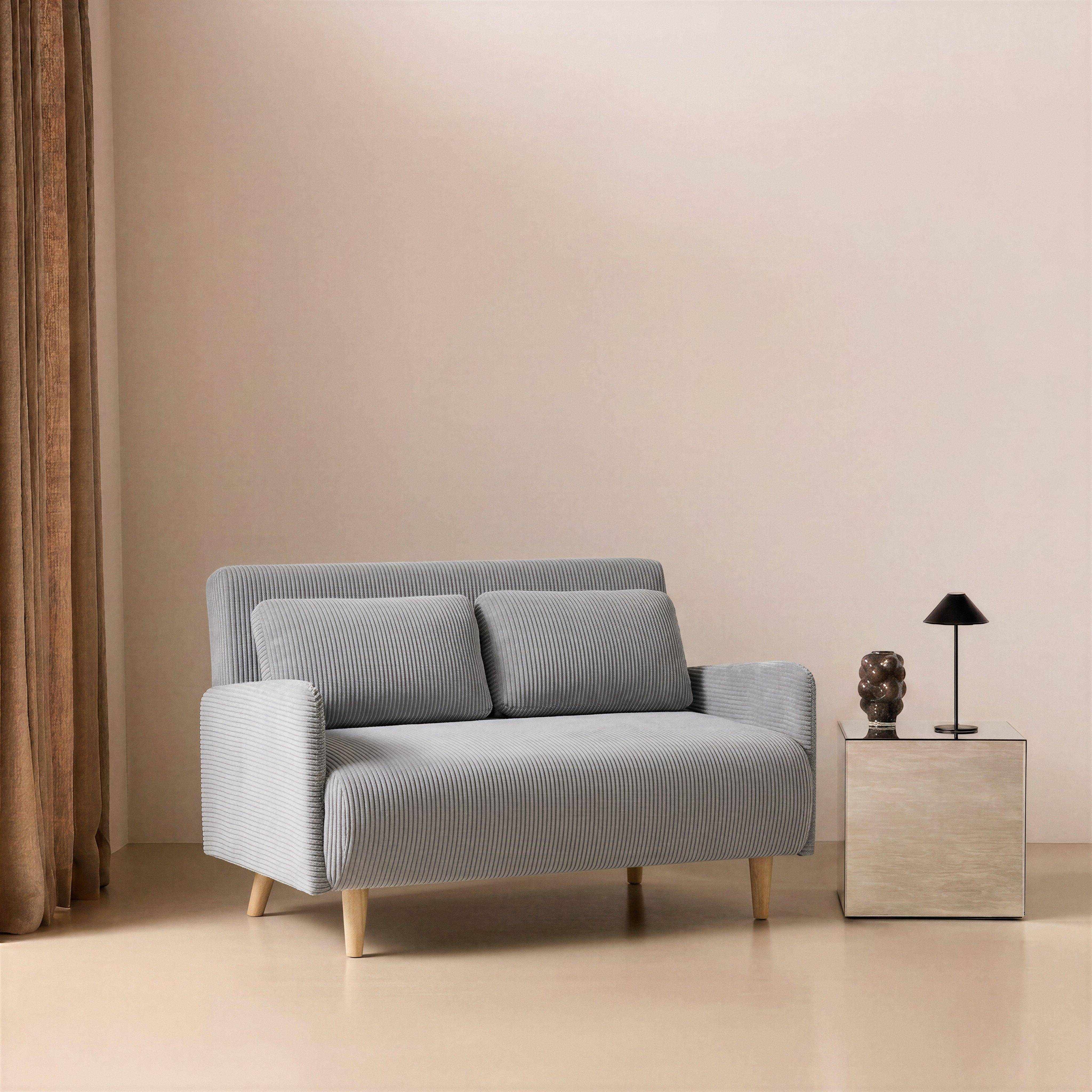 Divano letto in velluto a coste con gambe in legno, 2 posti Grigio chiaro - 131x75x81 cm Photo1