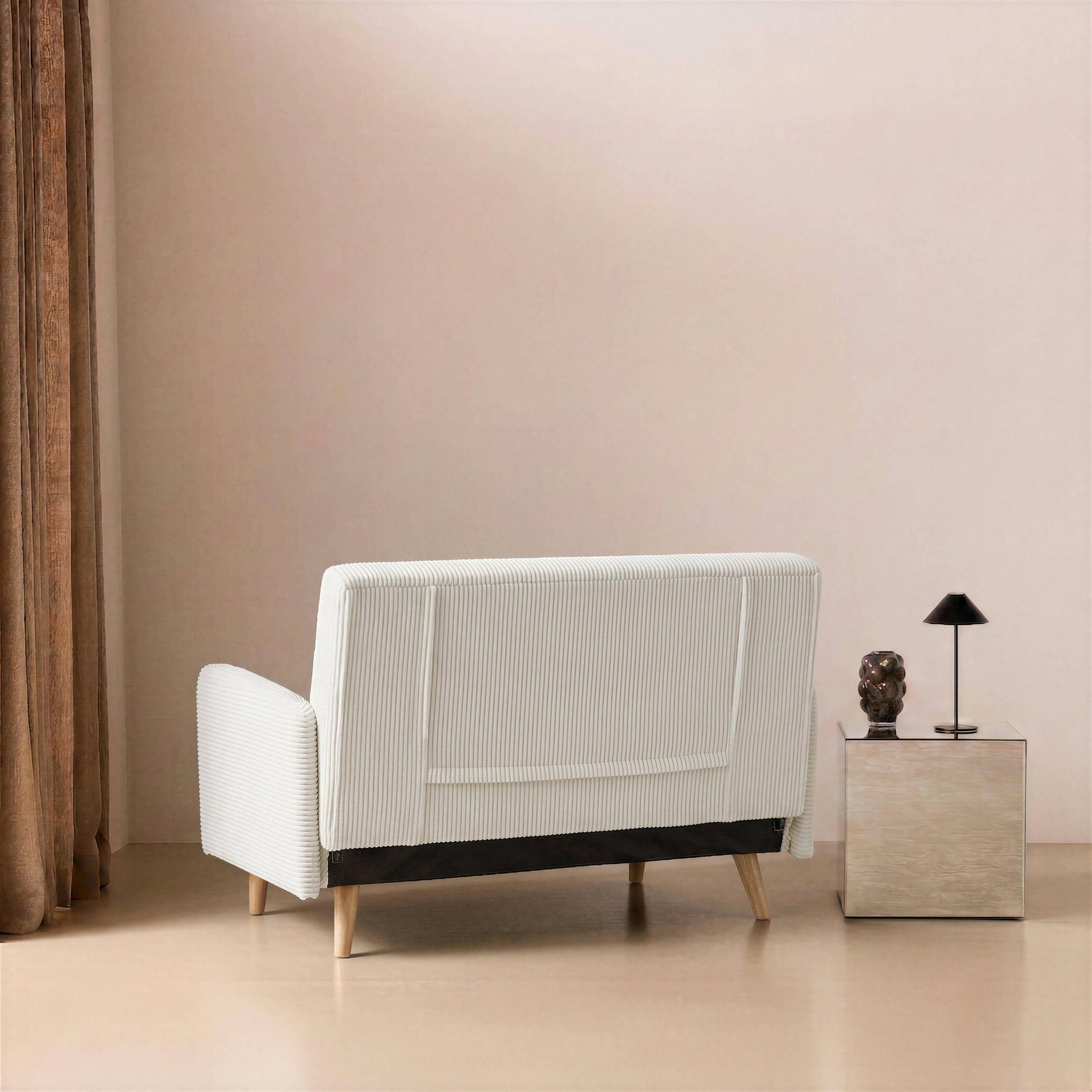 Skandinavisches 2-Sitzer-Sofa mit weißem Cordbezug, Holzfüßen und verstellbarer Rückenlehne - Panam Photo3