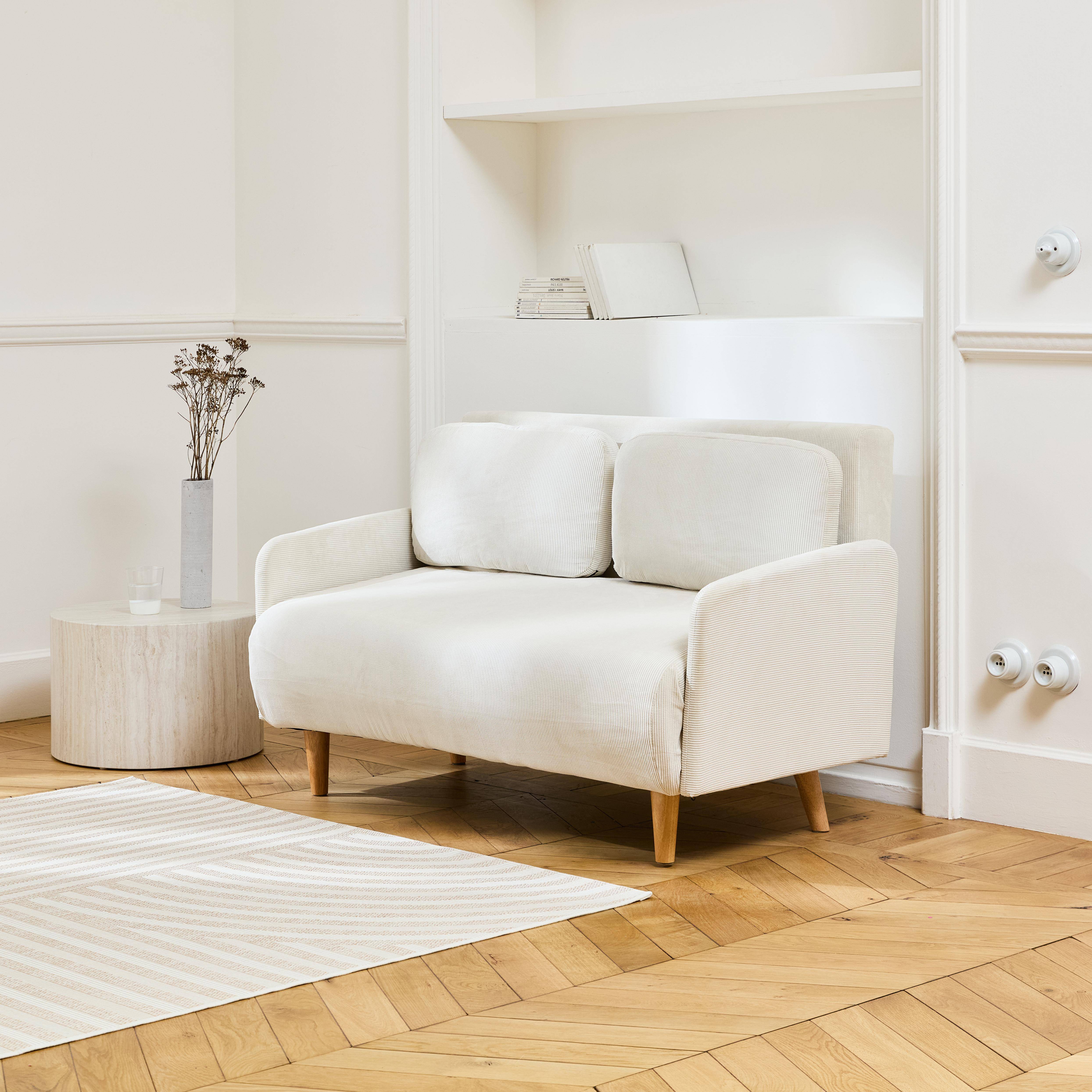Skandinavisches 2-Sitzer-Sofa mit weißem Cordbezug, Holzfüßen und verstellbarer Rückenlehne - Panam Photo1