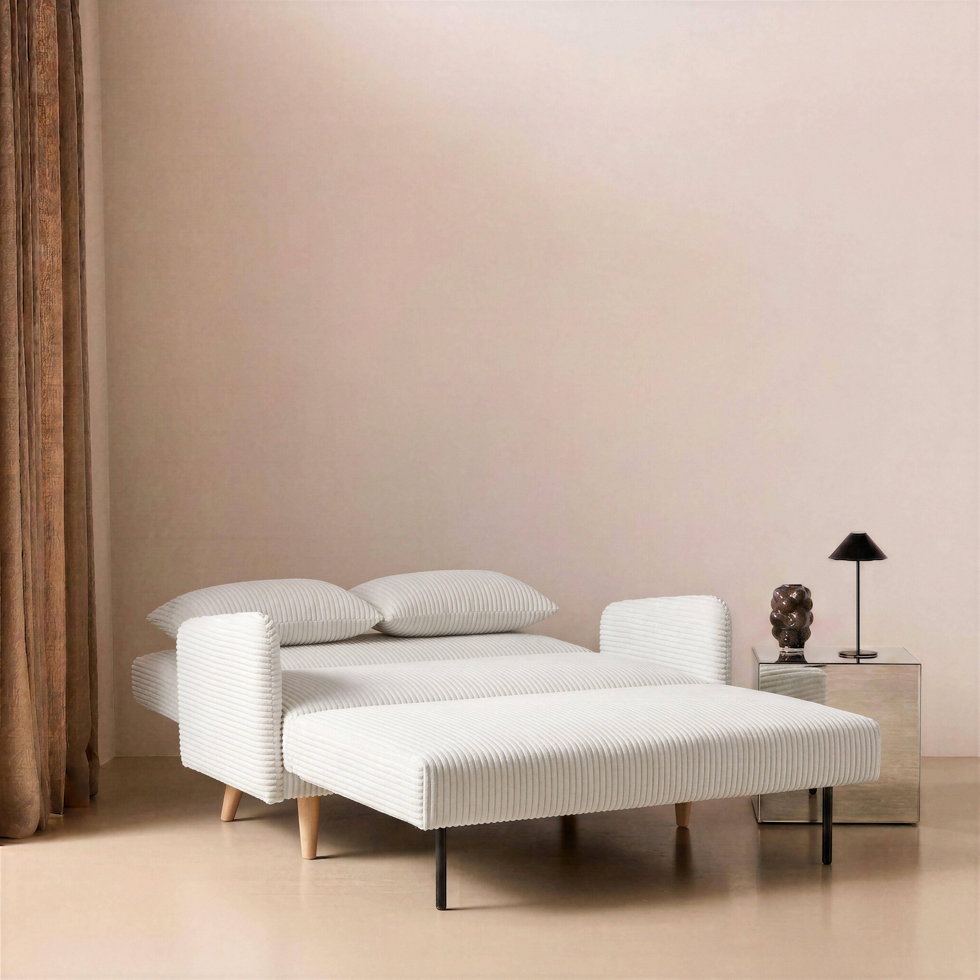 Skandinavisches 2-Sitzer-Sofa mit weißem Cordbezug, Holzfüßen und verstellbarer Rückenlehne - Panam Photo2