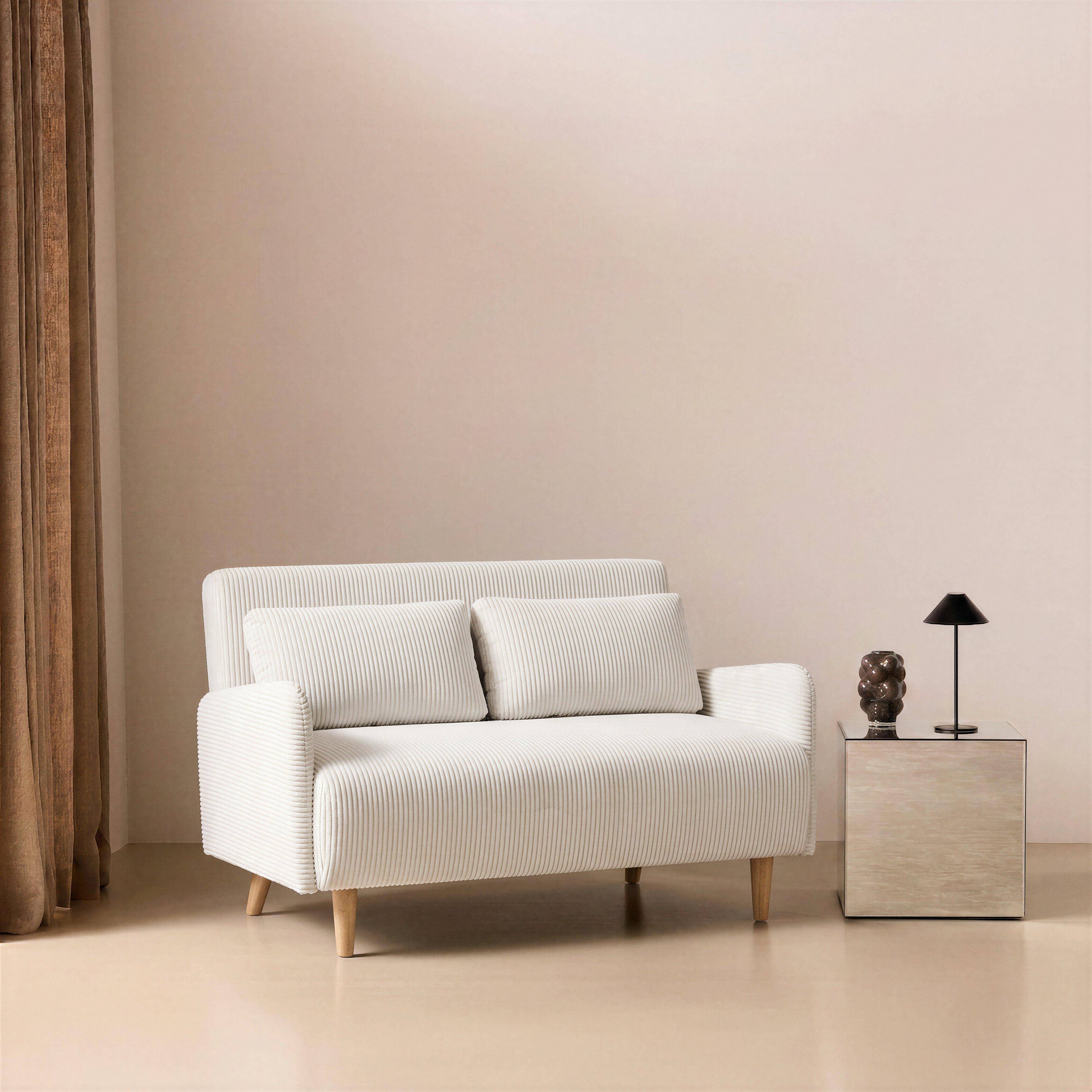 Skandinavisches 2-Sitzer-Sofa mit weißem Cordbezug, Holzfüßen und verstellbarer Rückenlehne - Panam Photo1