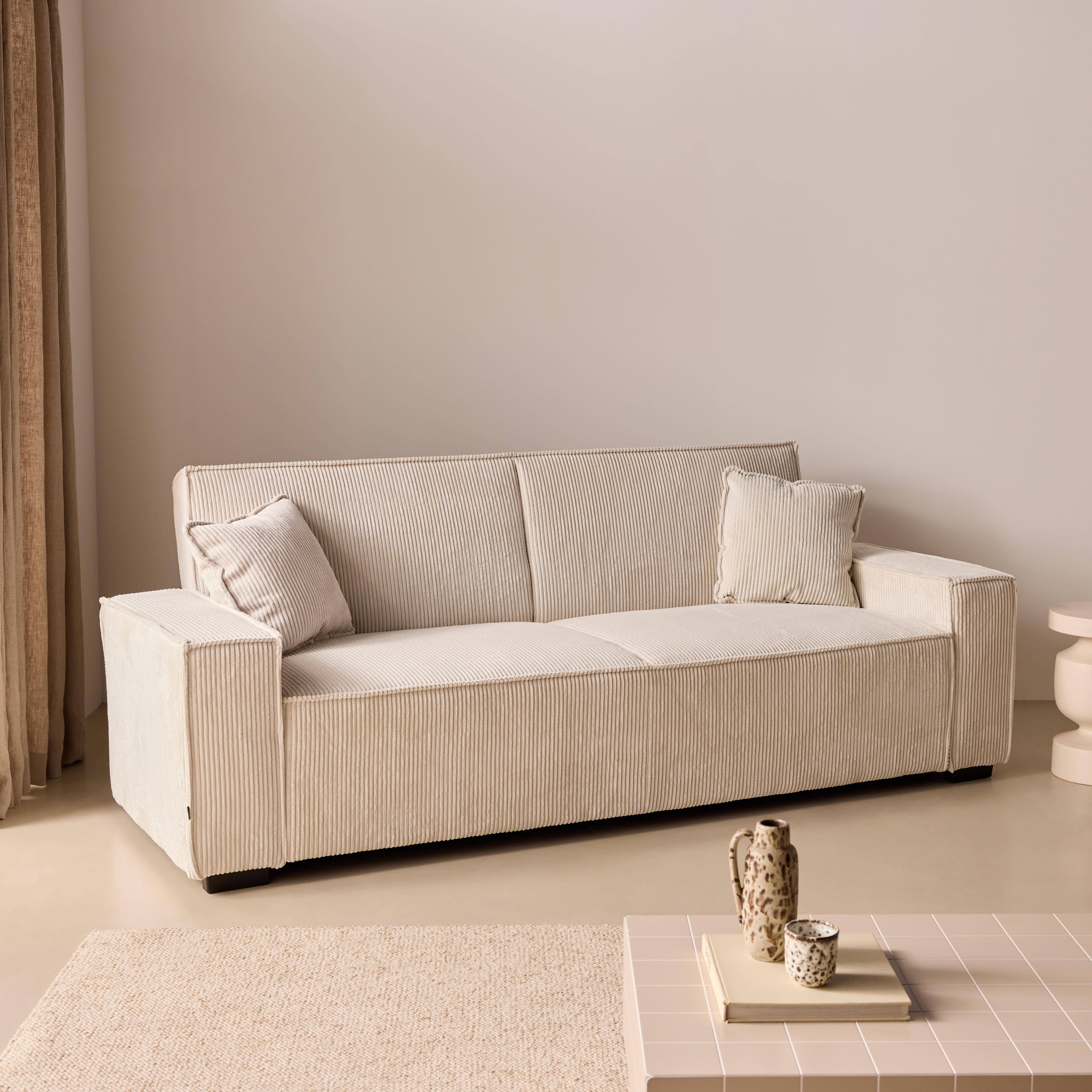Canapé convertible 3 places blanc crème velours côtelé L 231 x P 96,5 x H 80cm Photo2