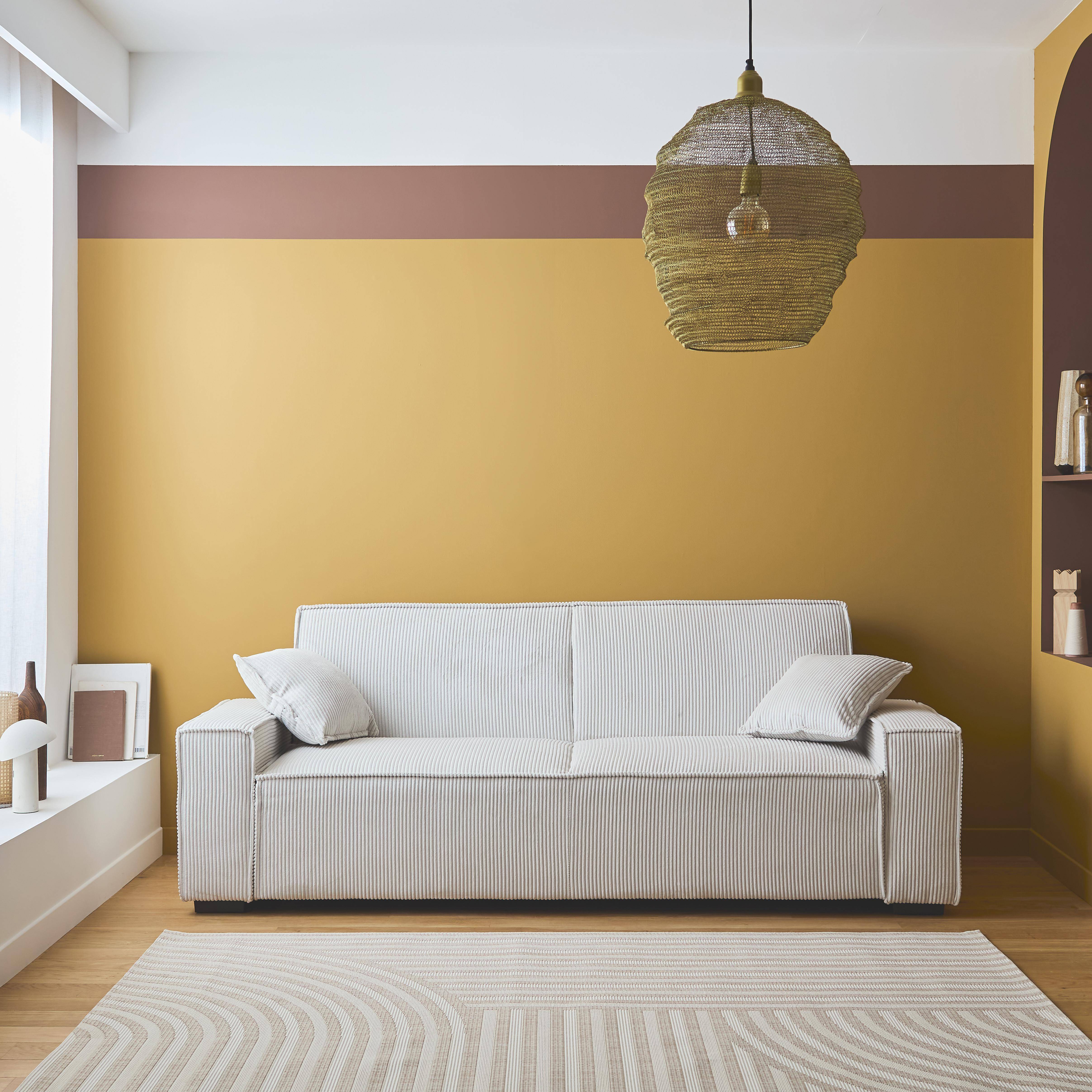 Canapé convertible 3 places blanc crème velours côtelé L 231 x P 96,5 x H 80cm Photo2
