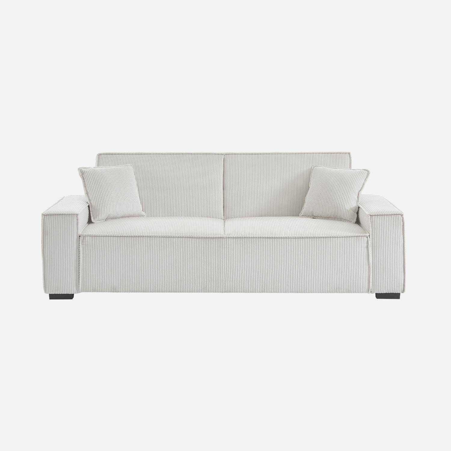 Canapé convertible 3 places blanc crème velours côtelé L 231 x P 96,5 x H 80cm,sweeek,Photo4