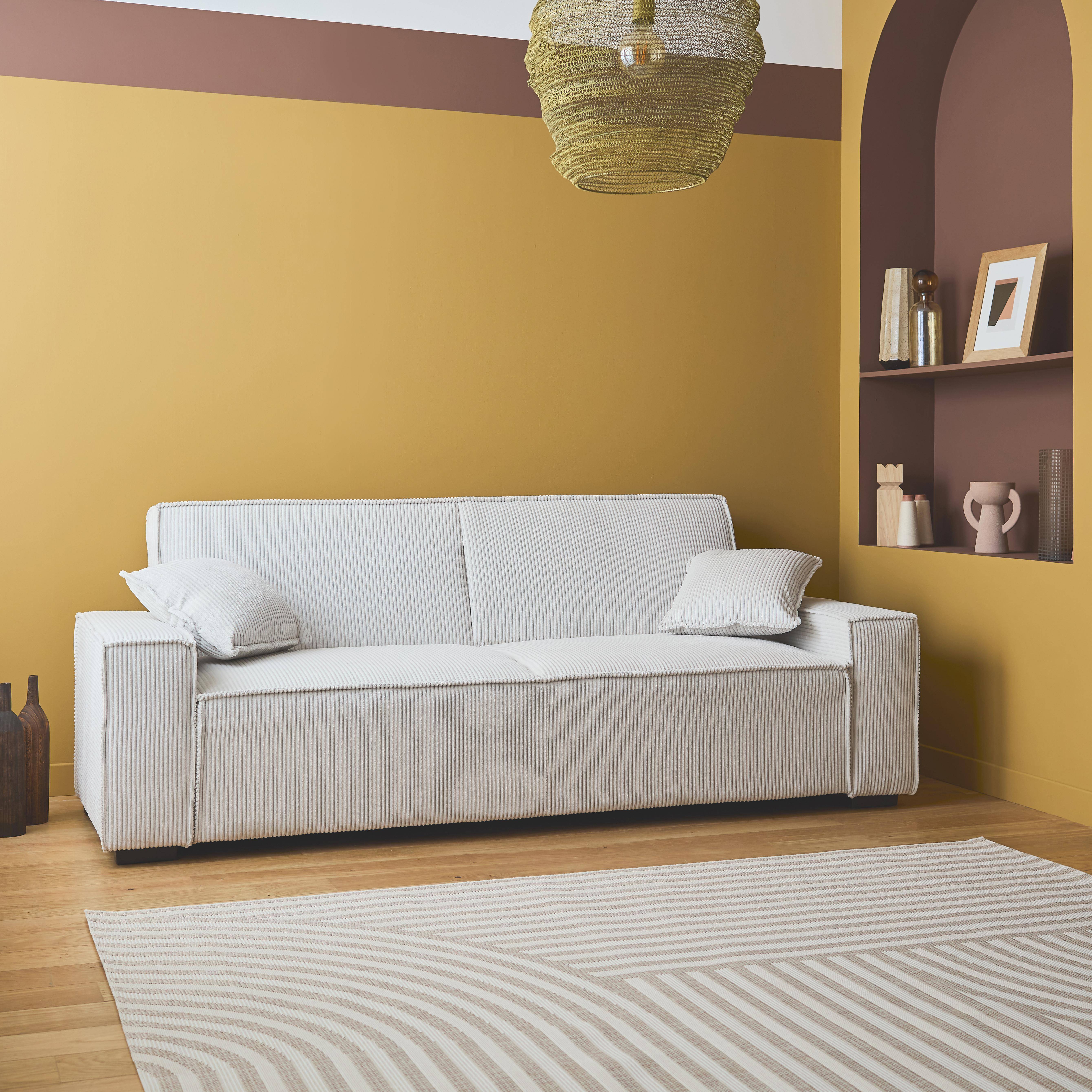 Canapé convertible 3 places blanc crème velours côtelé L 231 x P 96,5 x H 80cm Photo1