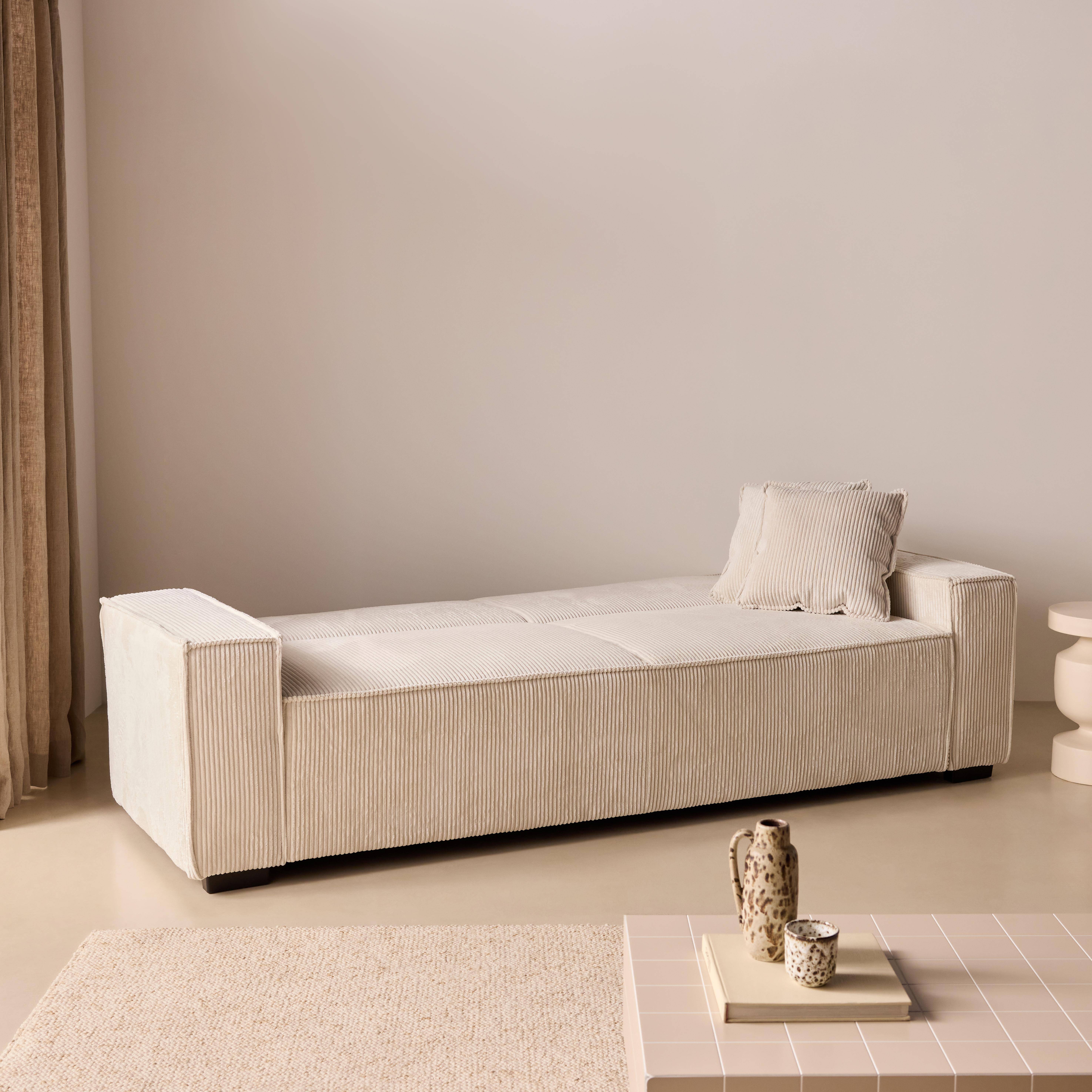 Canapé convertible 3 places blanc crème velours côtelé L 231 x P 96,5 x H 80cm Photo3