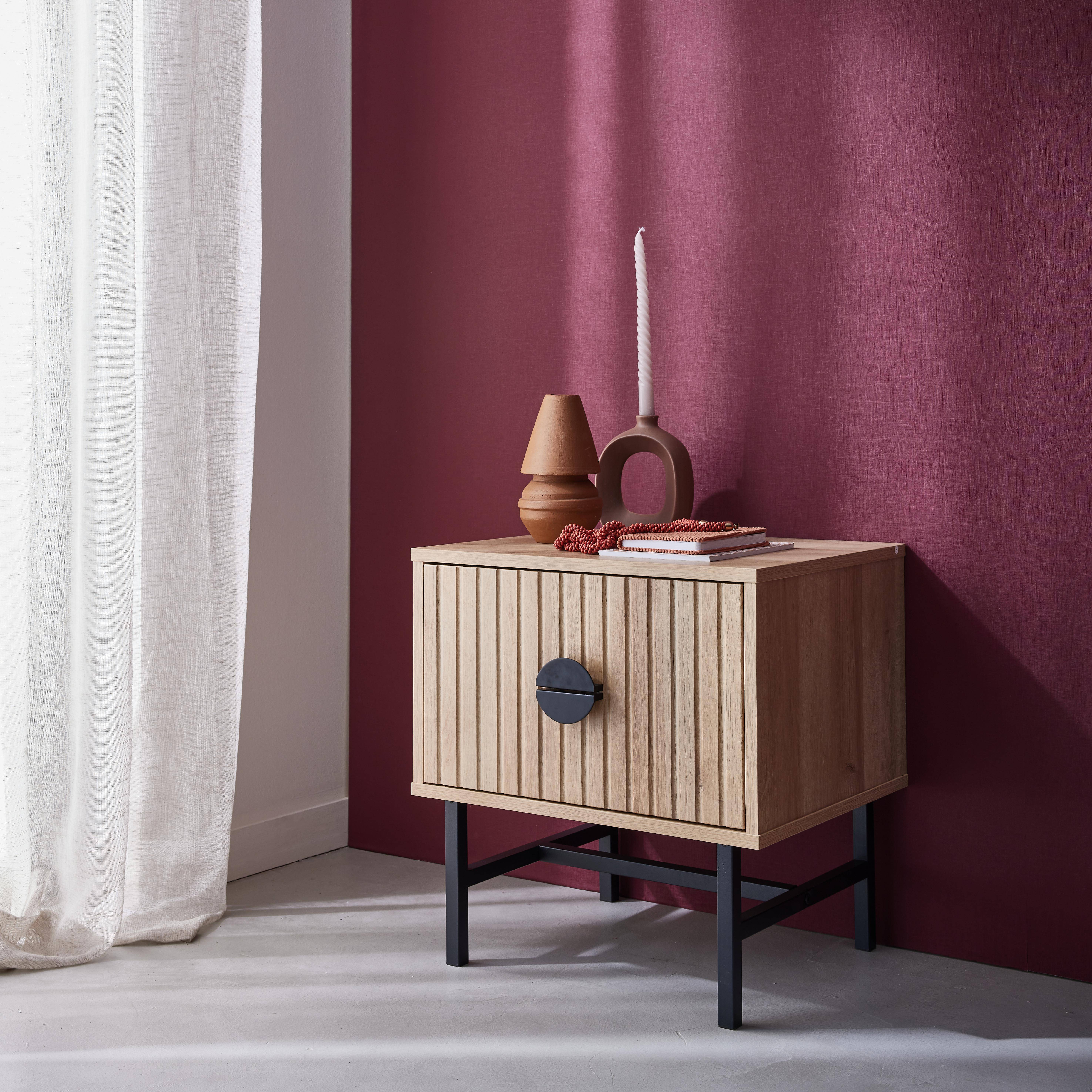 Table de chevet effet chêne décor bois rainuré, un tiroir, L 48 x l 39 x H 50cm,sweeek,Photo2