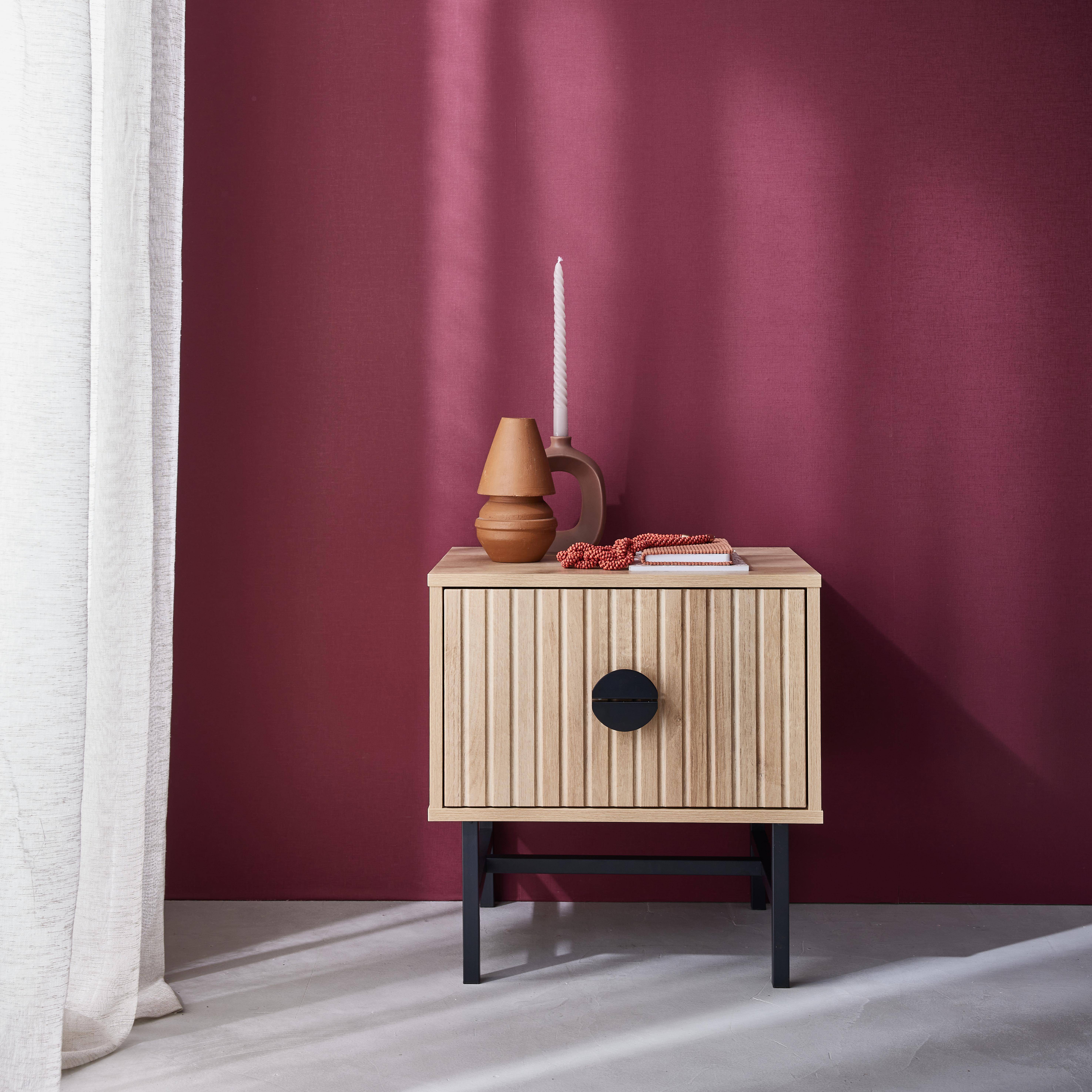 Table de chevet effet chêne décor bois rainuré, un tiroir, L 48 x l 39 x H 50cm,sweeek,Photo1
