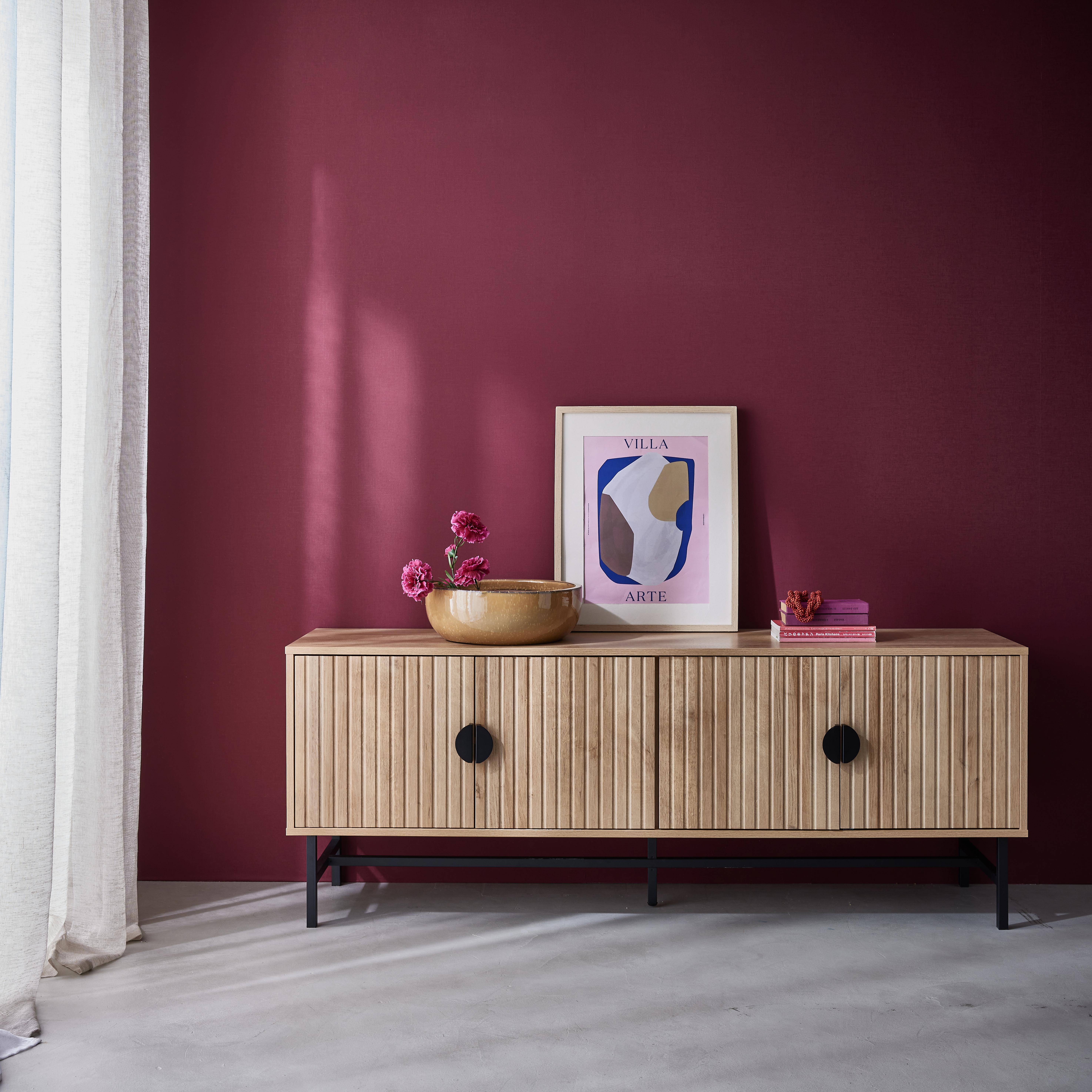 TV-Möbel, eichenfarbenes, geriffeltes Holzdekor, vier Türen, zwei Regale, L 160 x B 39 x H 60cm - Bazalt Photo1