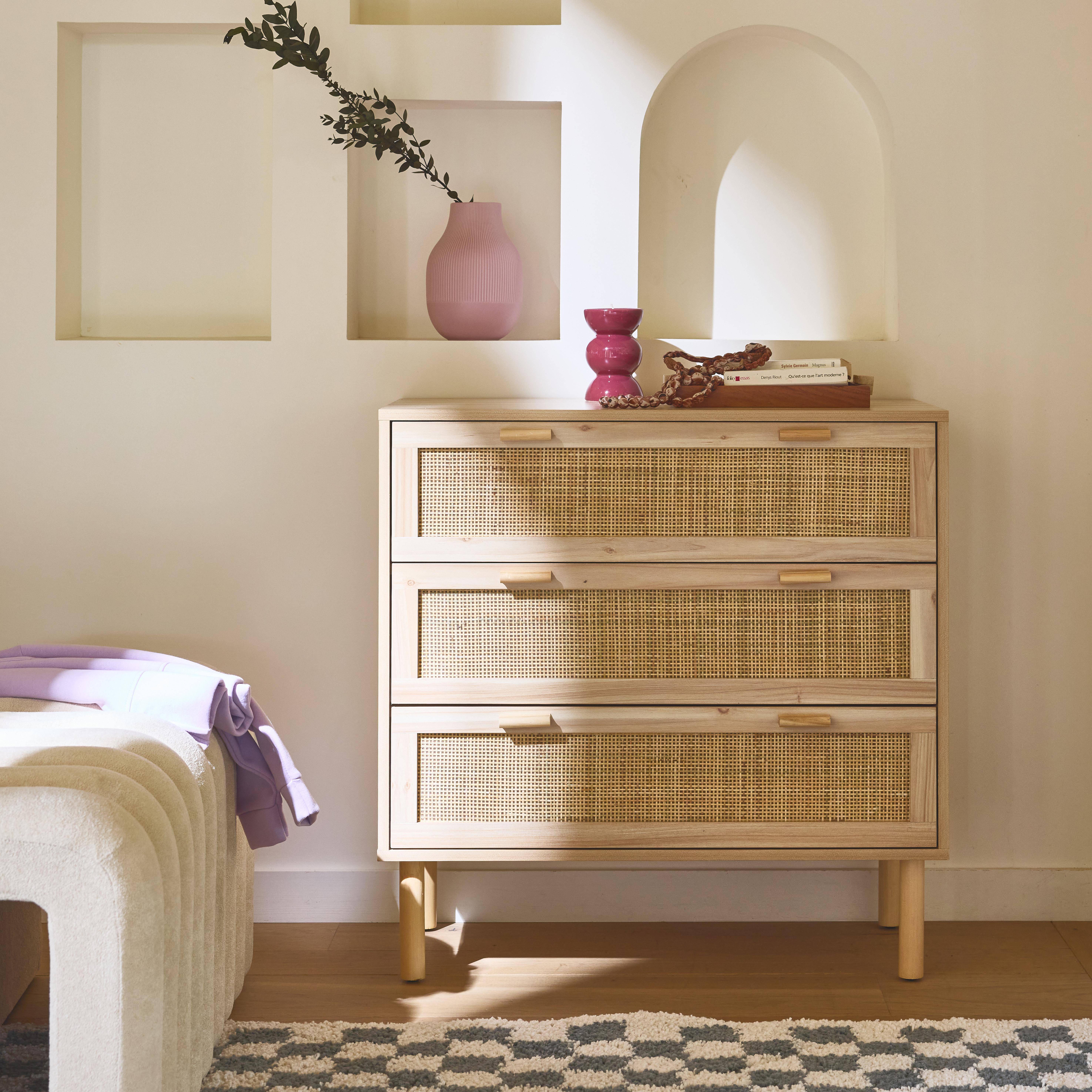 3-drawer chest with cane and wooden effect, Natural | sweeek