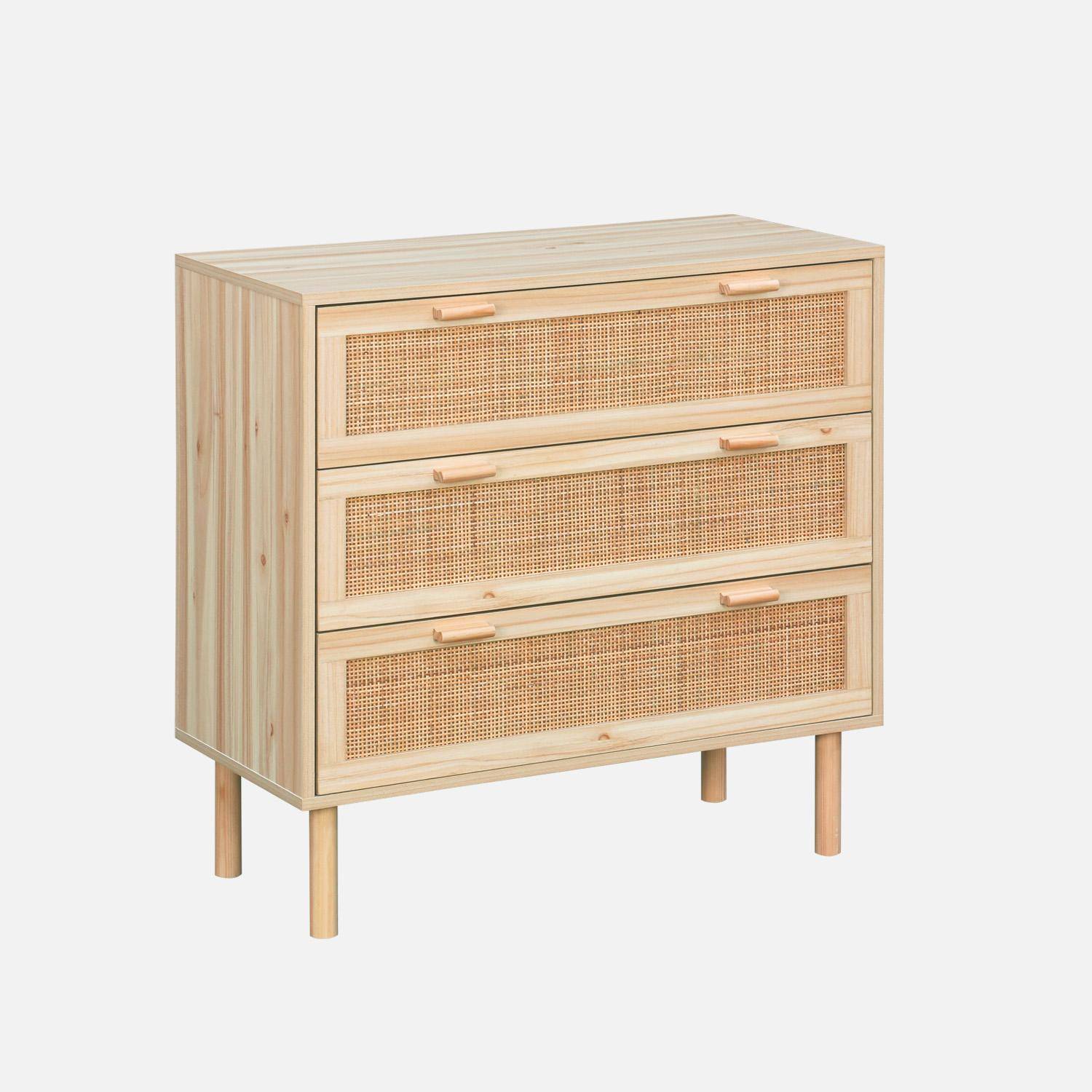 Commode 3 tiroirs cannage et effet bois CAMARGUE L 80 x P 40 x H 80cm,sweeek,Photo3