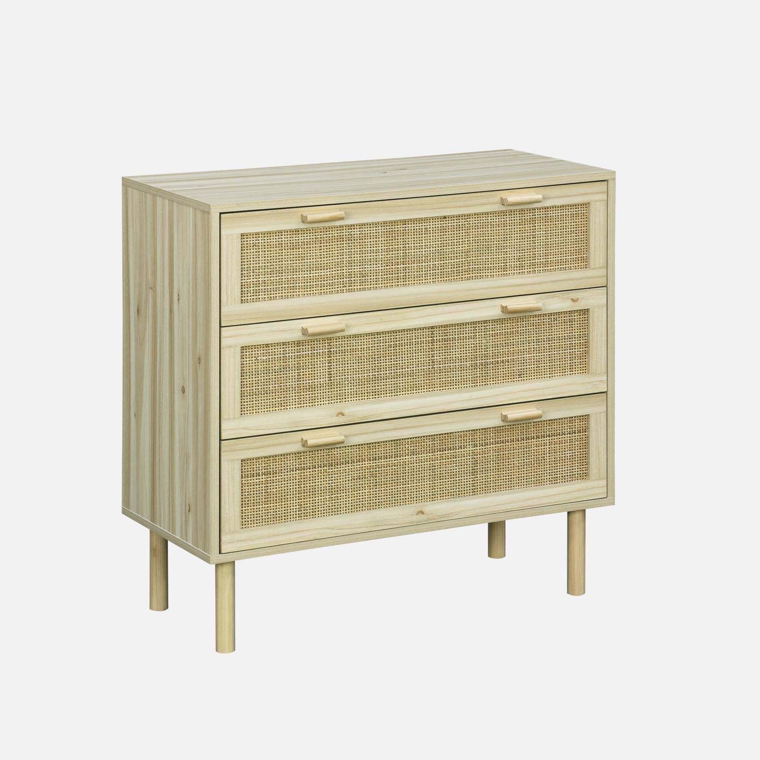 3-drawer cane and wood-effect chest of drawers CAMARGUE W 80 x D 40 x H 80cm,sweeek,Photo1