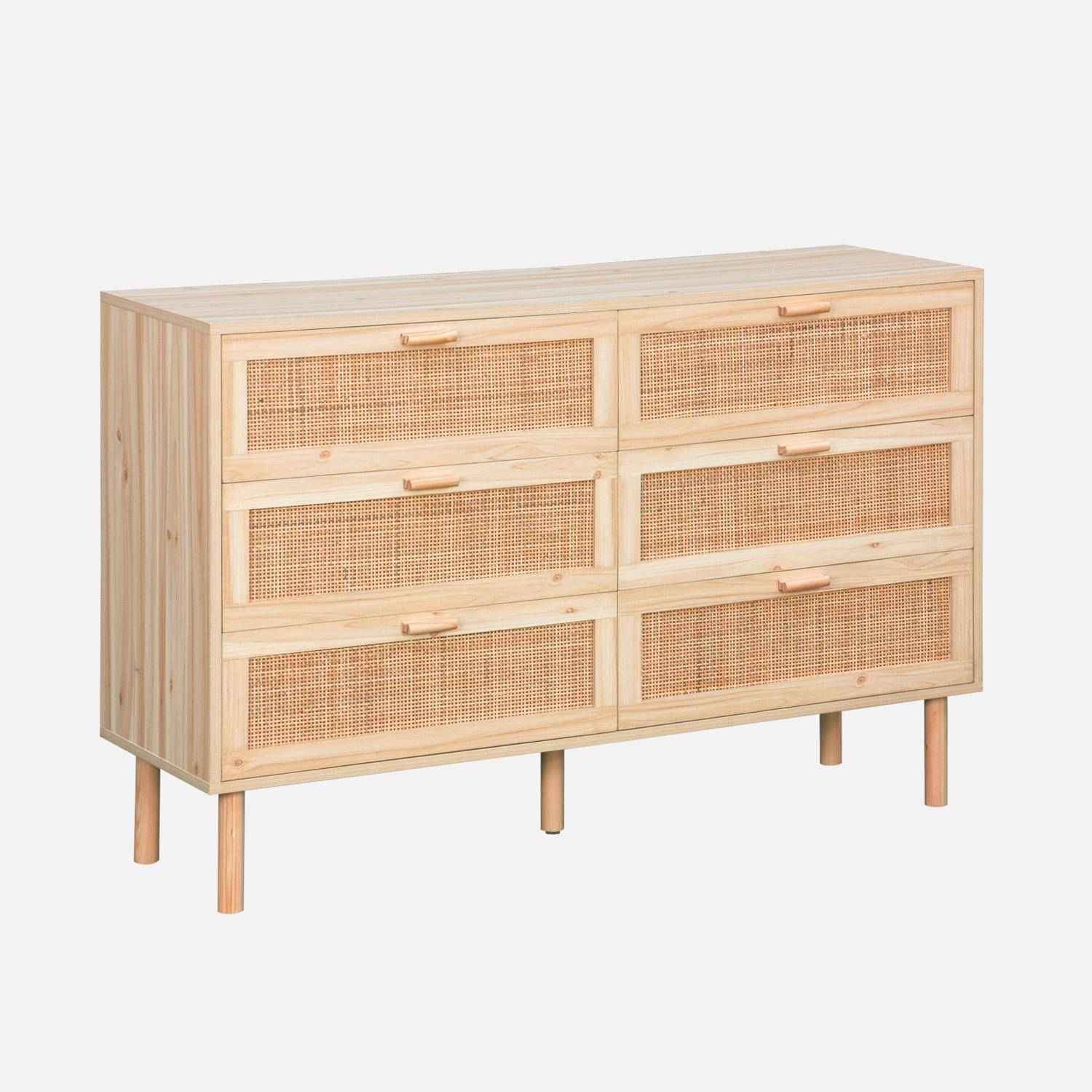 6-drawer chest with cane and wooden effect, Camargue, 120x40x80 cm,sweeek,Photo4