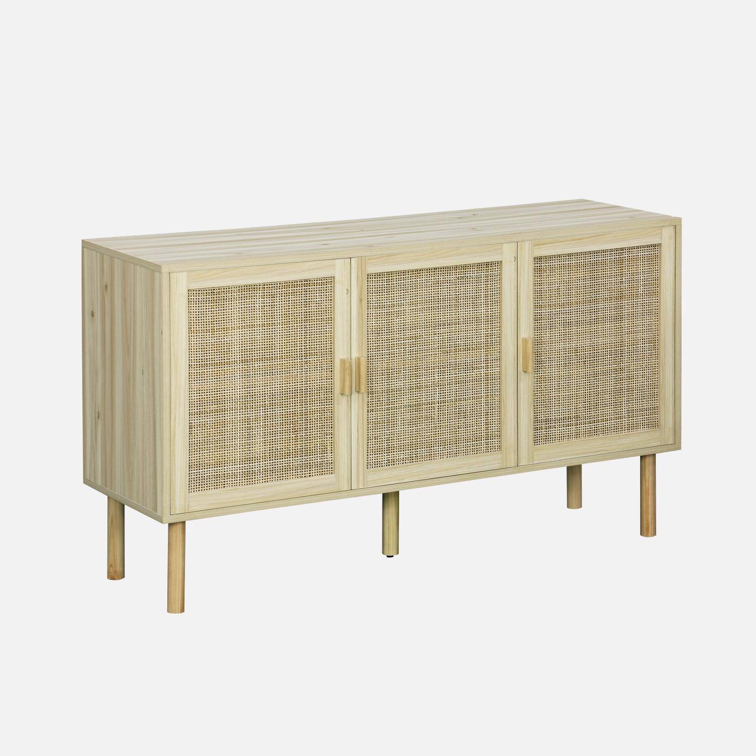 3-door sideboard with 3 shelves in cane and wood effect. Fir wood legs and handles. W 120 x D 39 x H 70cm CAMARGUE Photo1