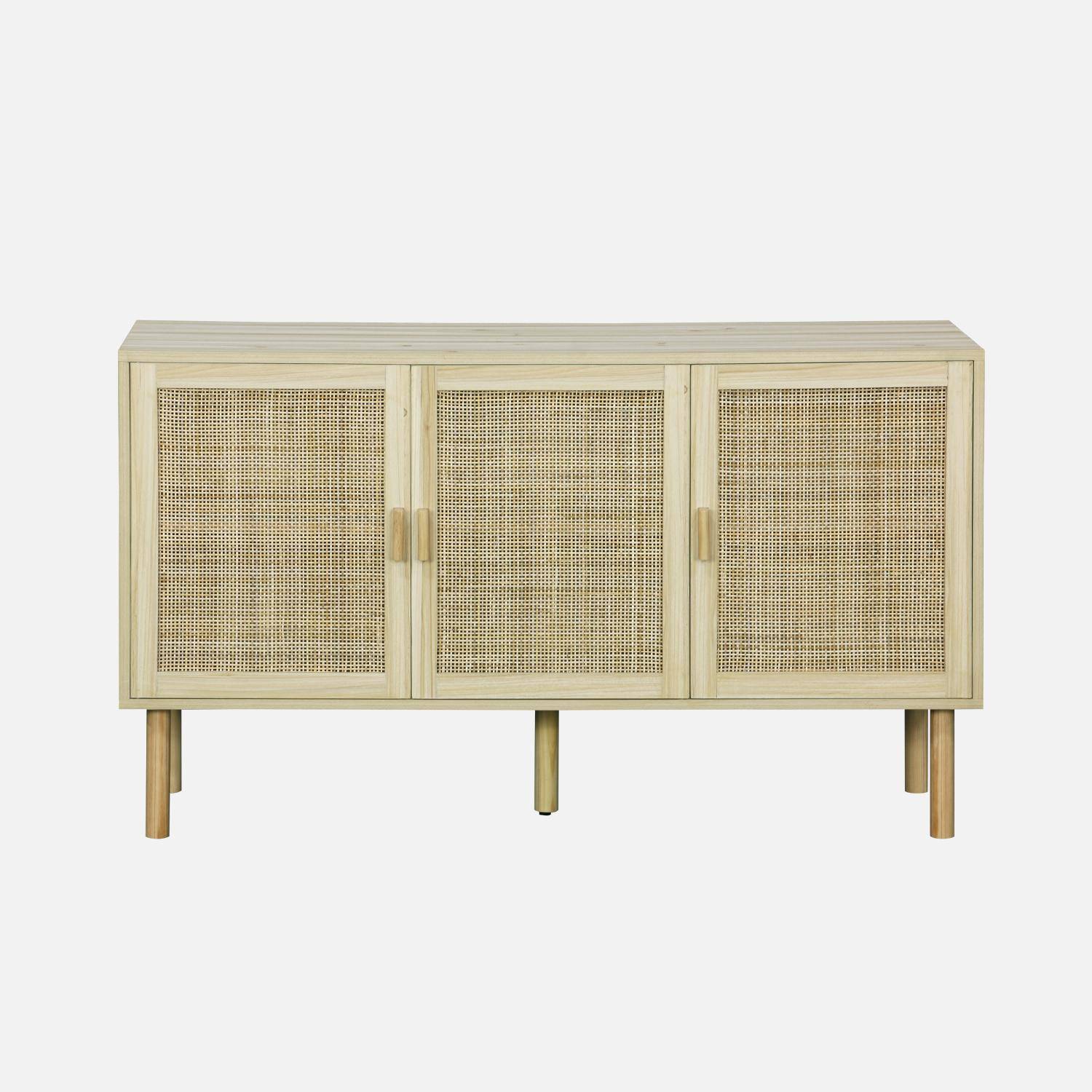 3-door sideboard with 3 shelves in cane and wood effect. Fir wood legs and handles. W 120 x D 39 x H 70cm CAMARGUE,sweeek,Photo2
