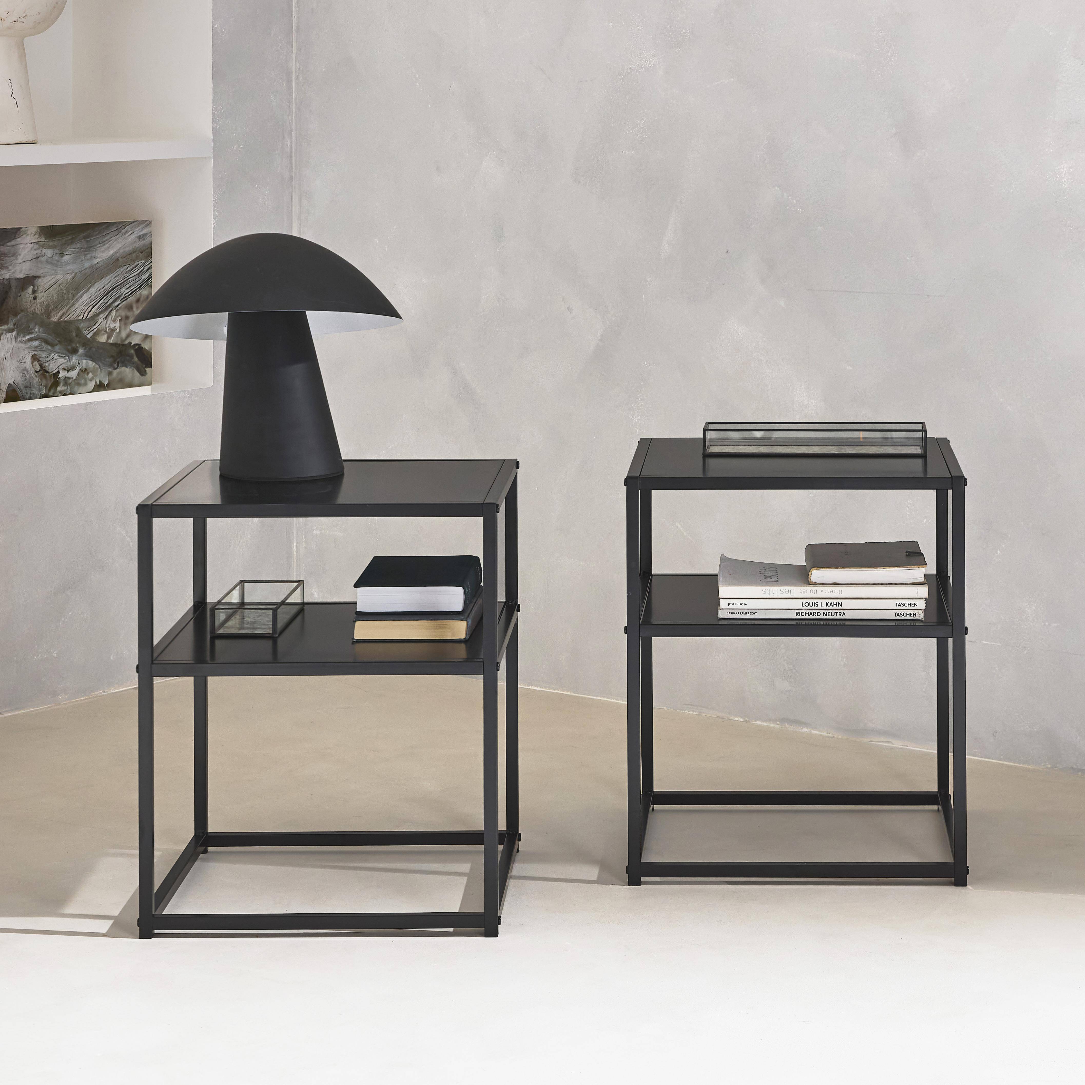 2er Set Nachttische aus schwarzem Metall mit 1 Regal,  B 43 x T 40 x H 52 cm - Industrielle Photo2
