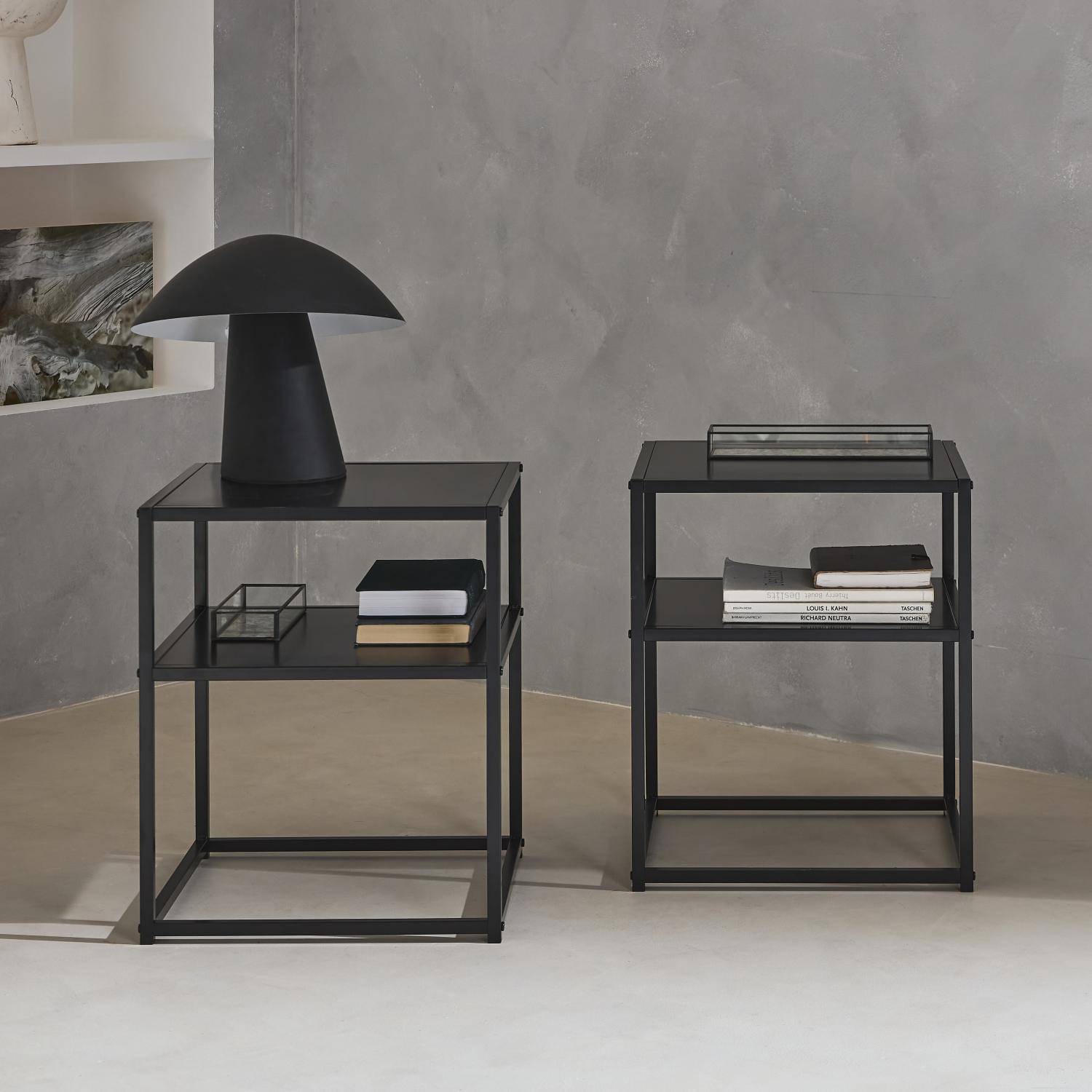 Set van 2 zwart metalen nachtkastjes, 1 plank, Industrielle, L 43 x B 40 x H 52cm,sweeek,Photo1