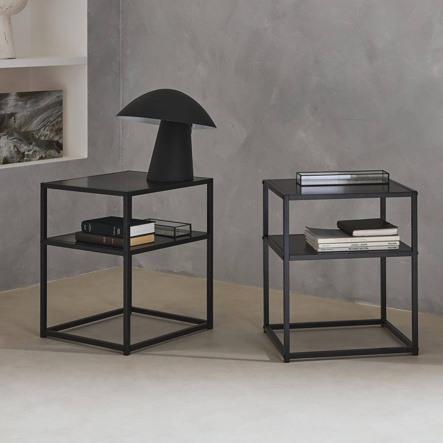 Set van 2 zwart metalen nachtkastjes, 1 plank, Industrielle, L 43 x B 40 x H 52cm,sweeek,Photo2
