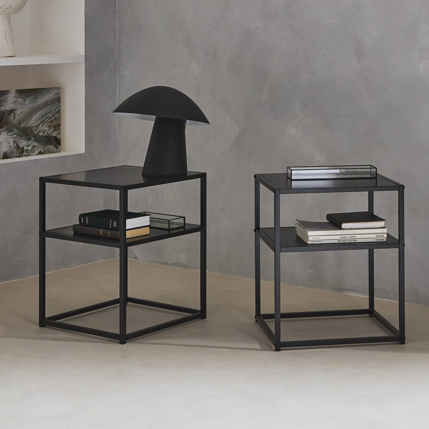 Lot de 2 Tables de chevet en métal noir, 1 étagère, INDUSTRIELLE L 43 x l 40 x H 52cm Photo2