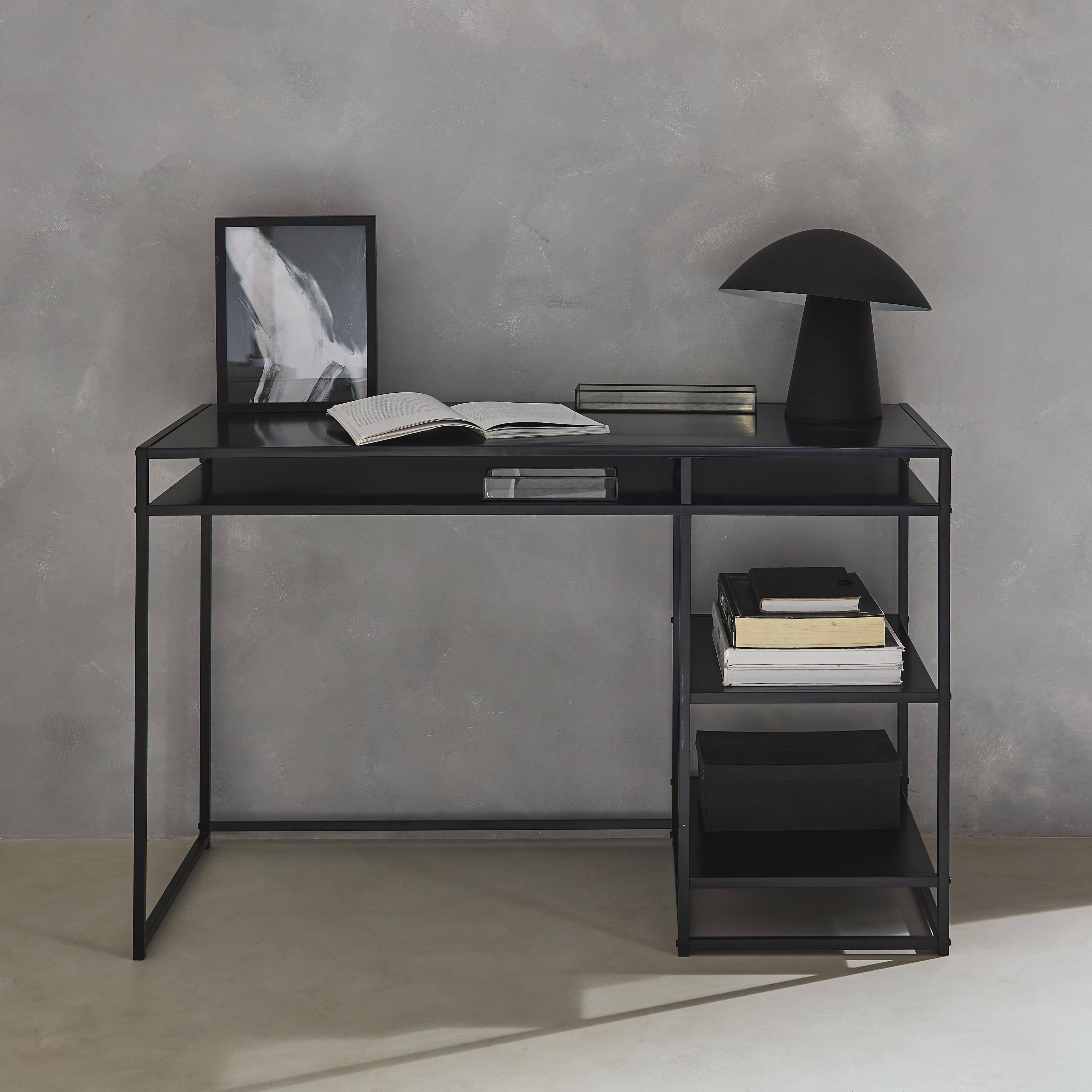 Desk with 2 black metal shelves 120cm, Industrielle, Black,sweeek,Photo1