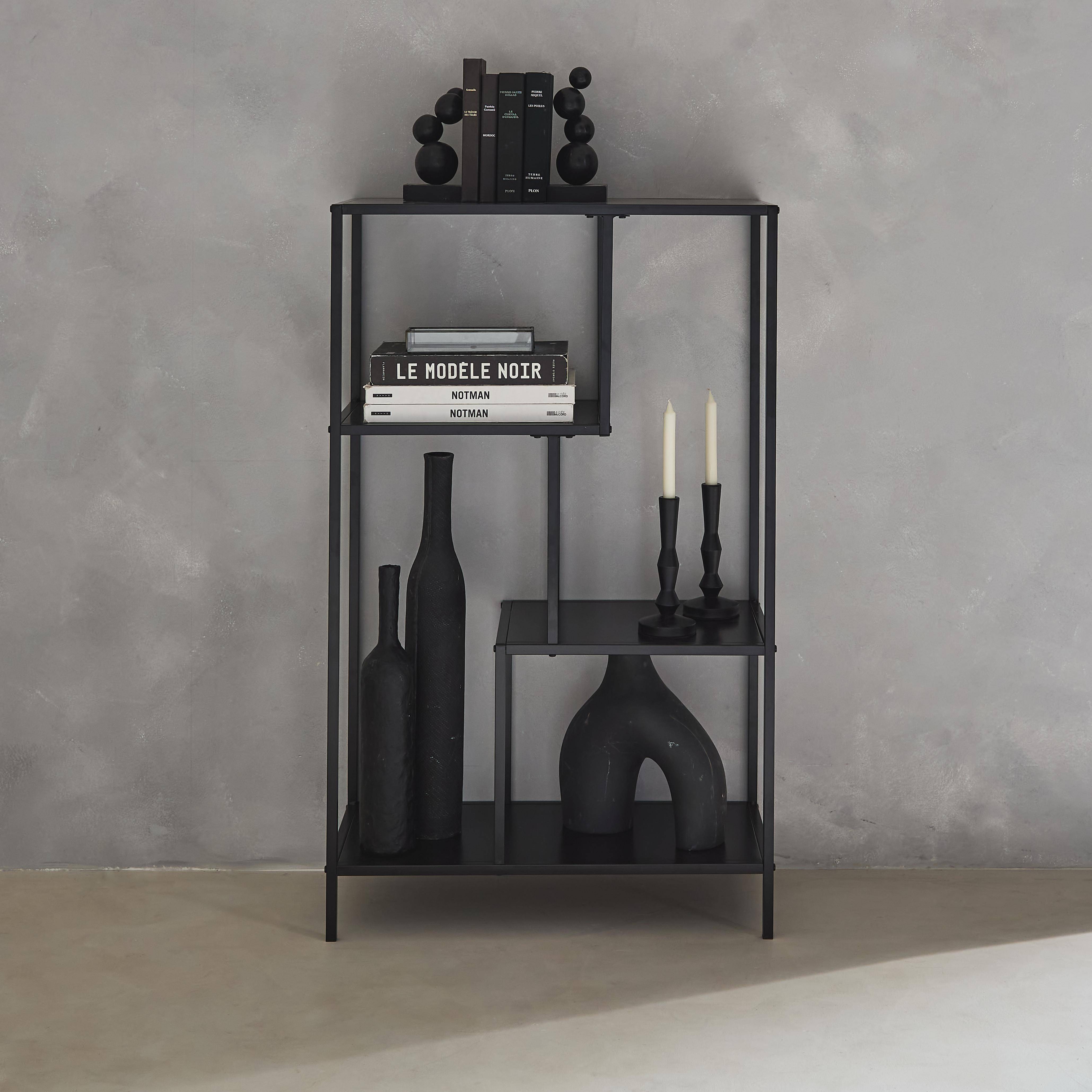 Asymmetrical black metal bookshelf with 4 shelves, Industrielle, Black,sweeek,Photo1